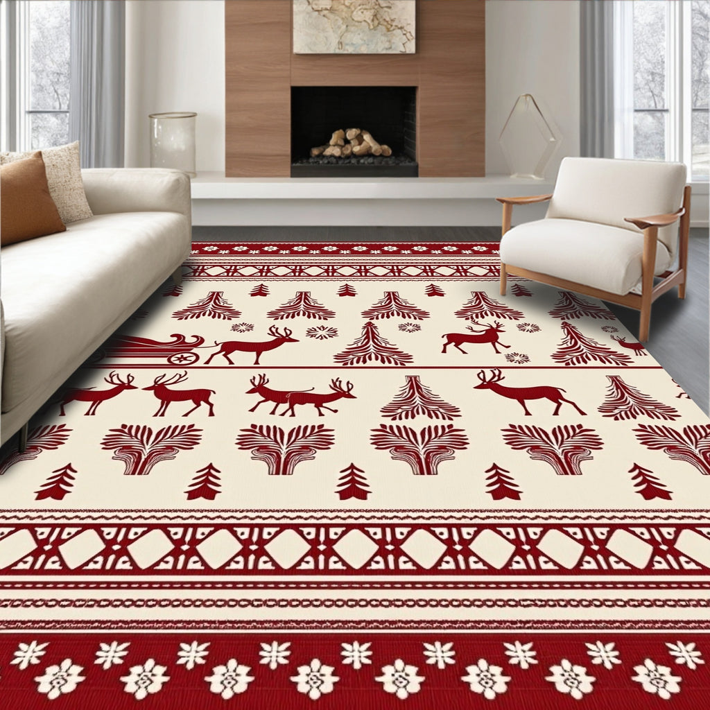 Crimson Reindeer Sleigh Christmas Forest Rug