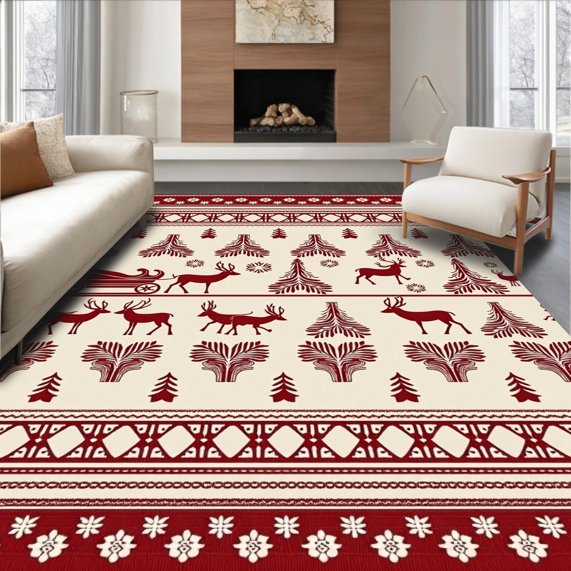 Crimson Reindeer Sleigh Christmas Forest Rug