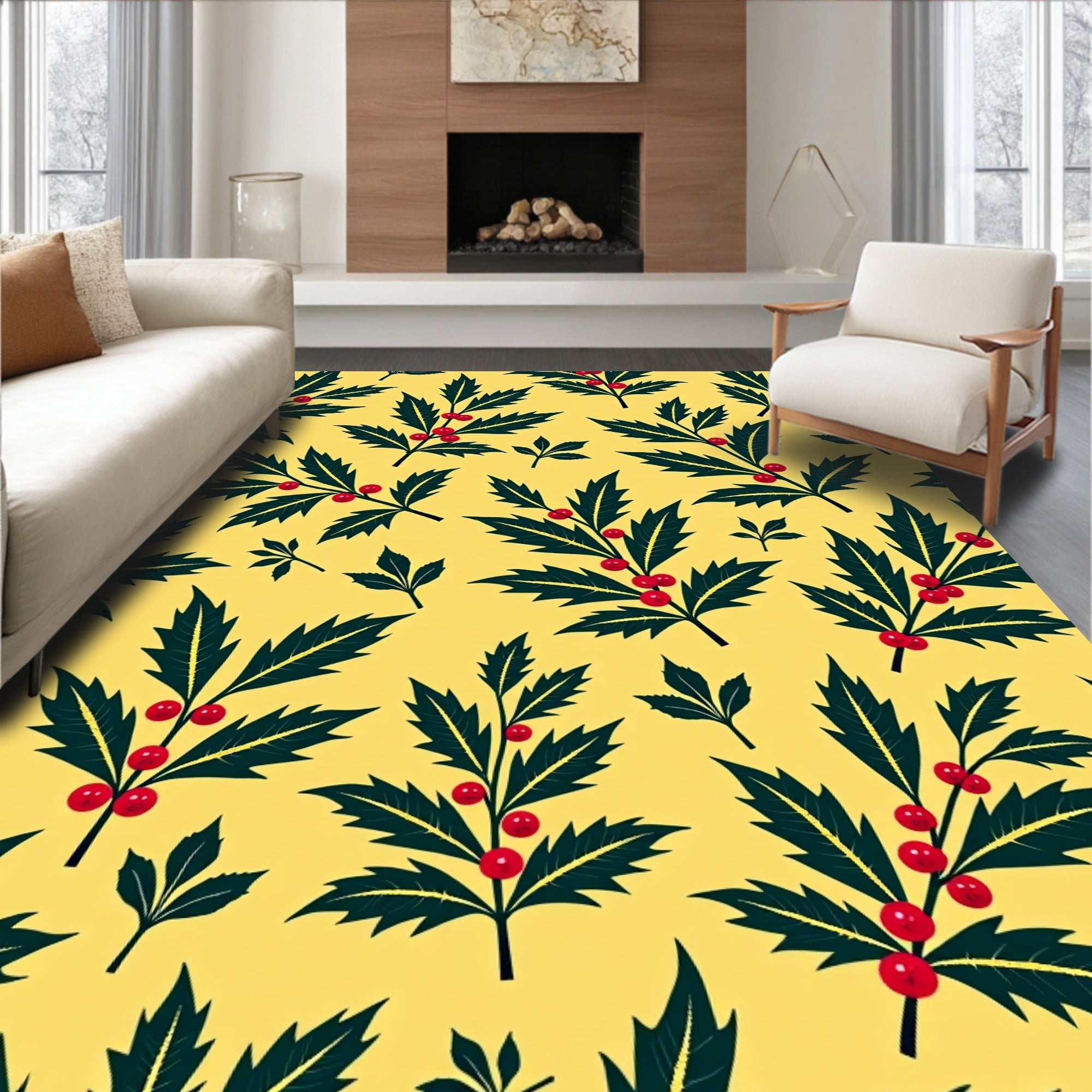 Deep Green Holly Berry Garland Rug
