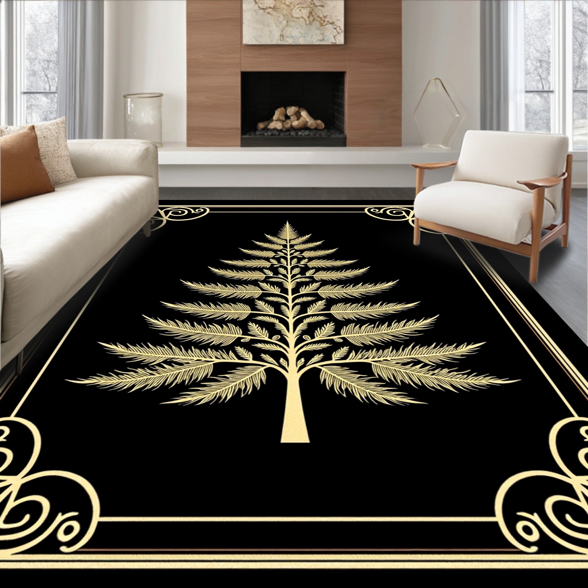 Golden Palm Tree Elaborate Border Rug
