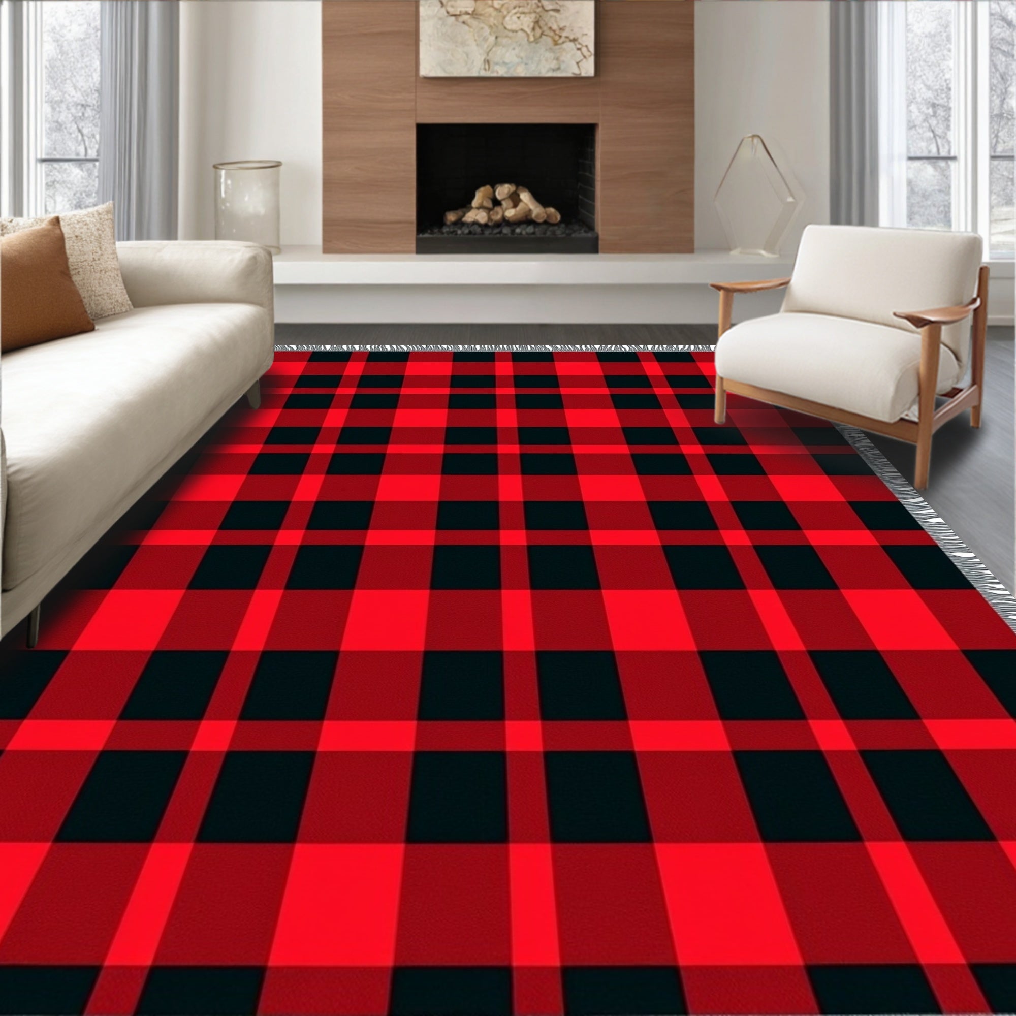Classic Red Black Plaid Weave Rug