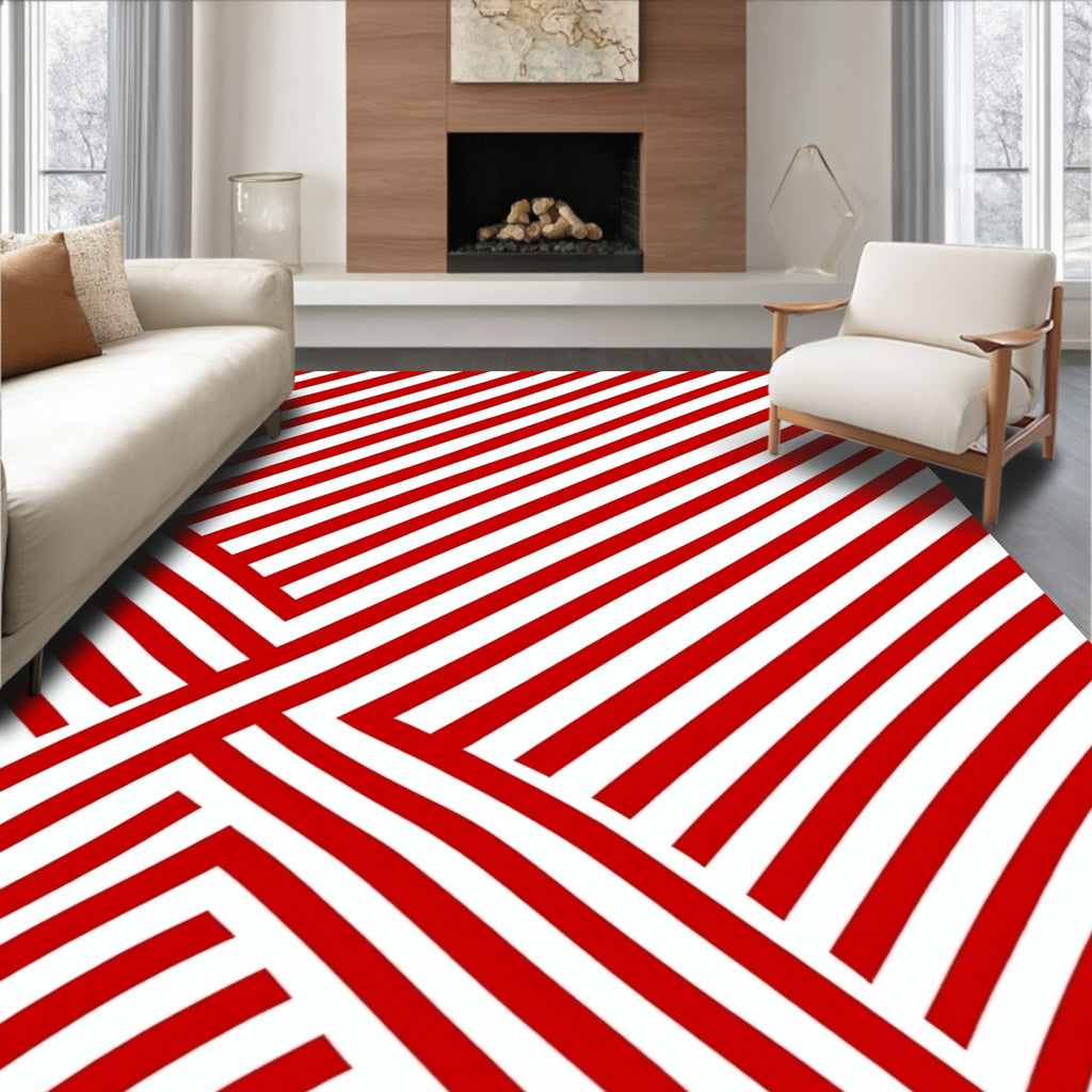 Bold Red White Intersecting Stripes Rug
