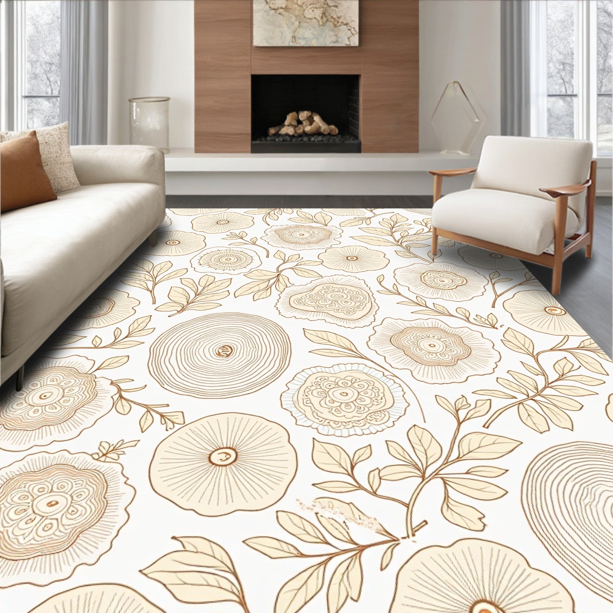 Cream and Tan Botanical Tree Ring Rug