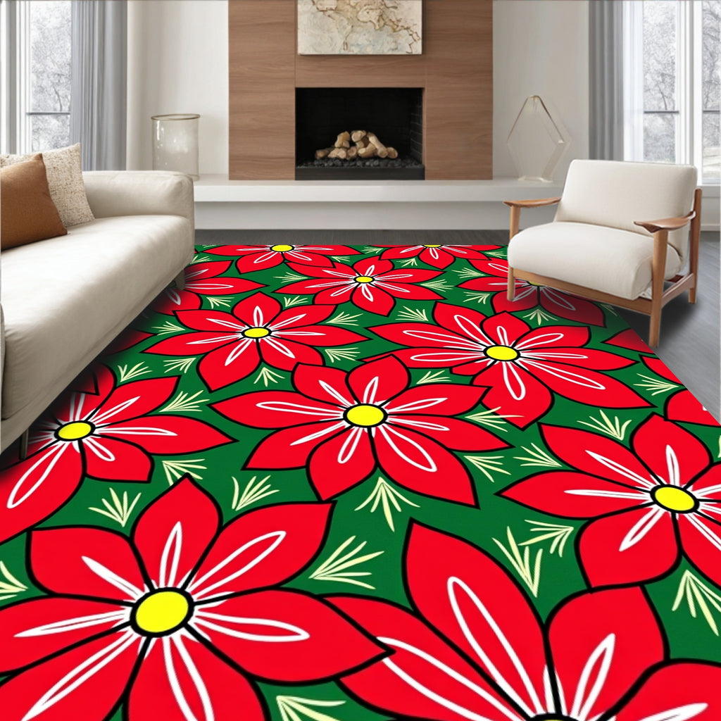 Vibrant Red Poinsettia Floral Garden Rug