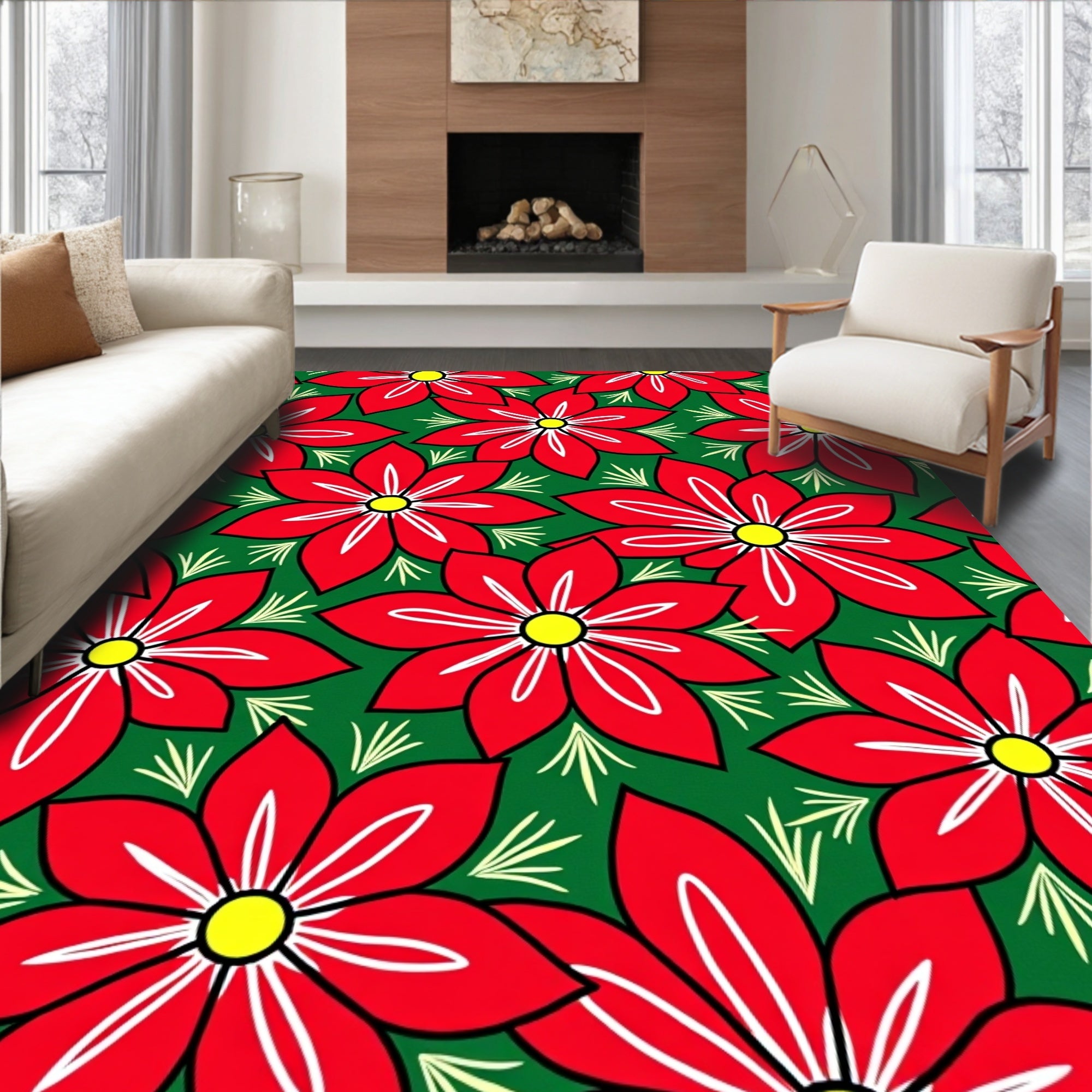 Vibrant Red Poinsettia Floral Garden Rug