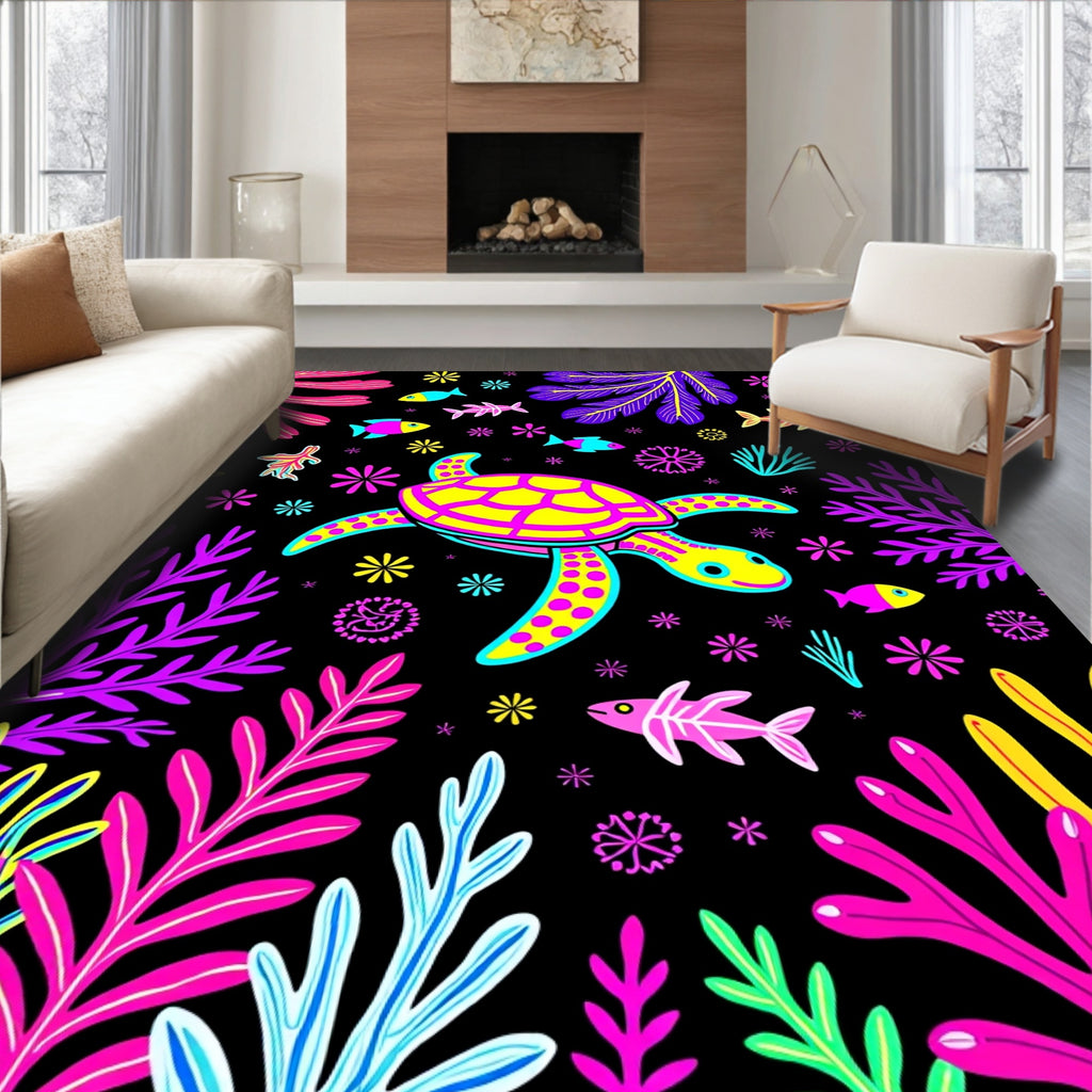 Whimsical Neon Turtle Sea Life Collage Rug