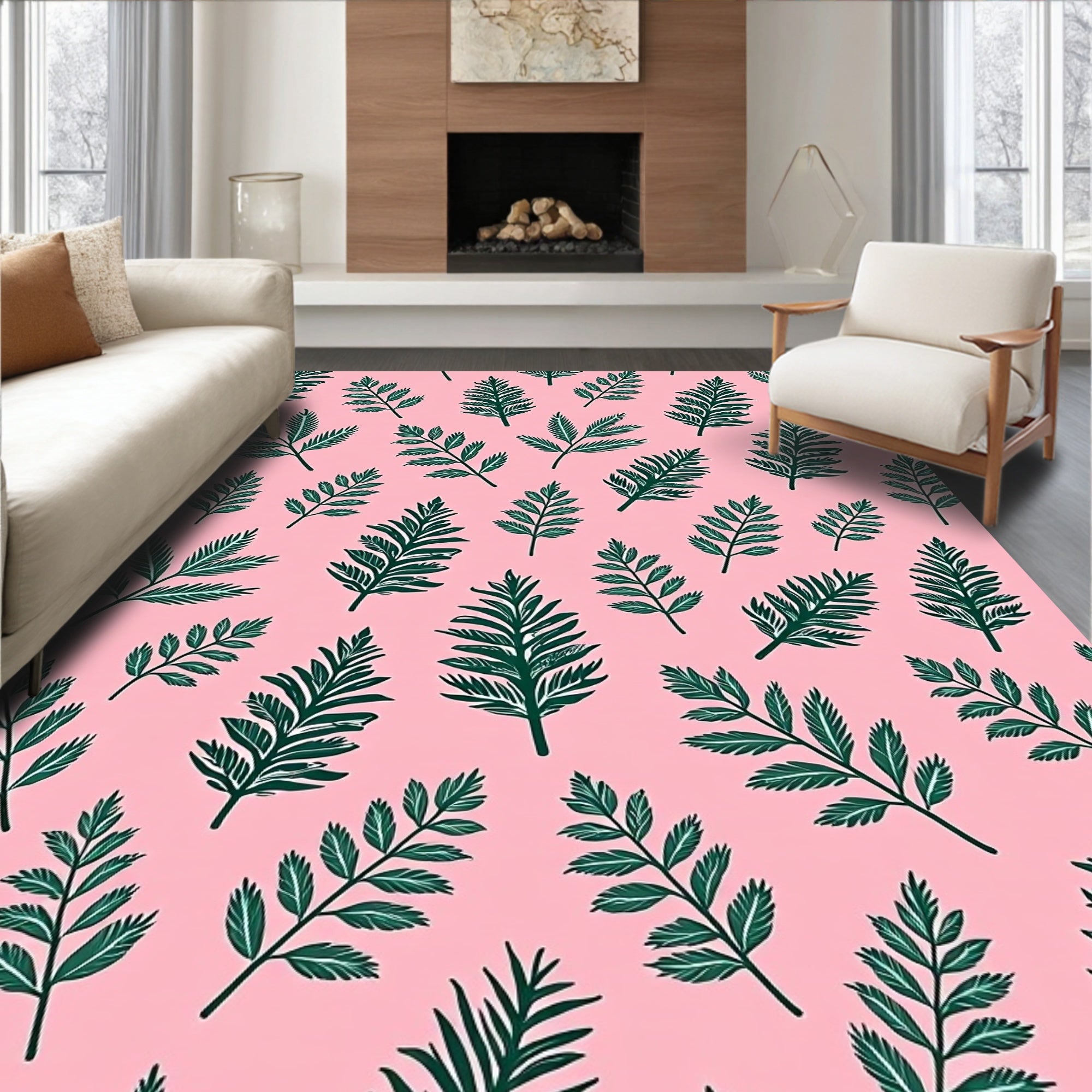 Dark Green Ferns on Soft Pink Background Rug