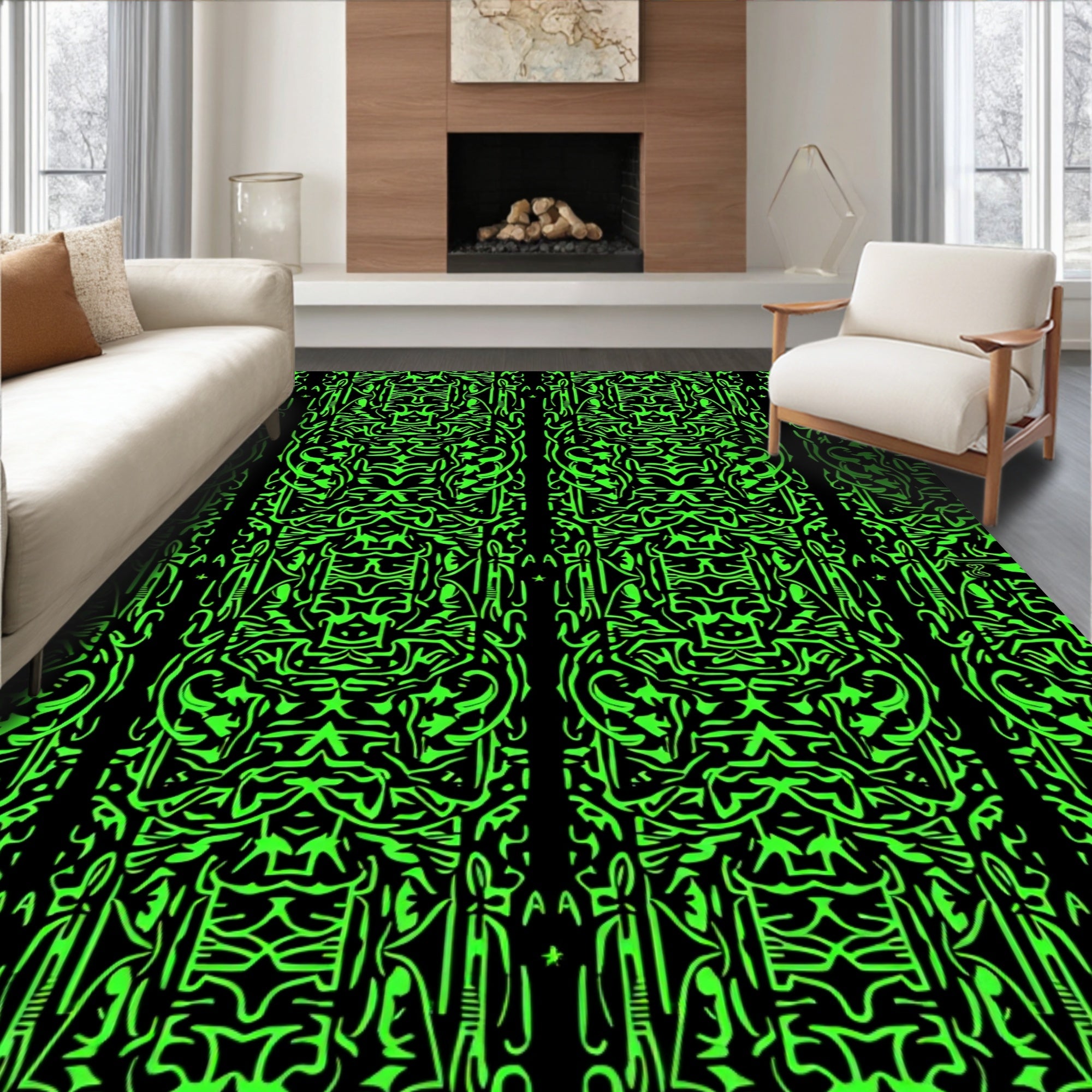Electric Green Intricate Abstract Stripe Rug