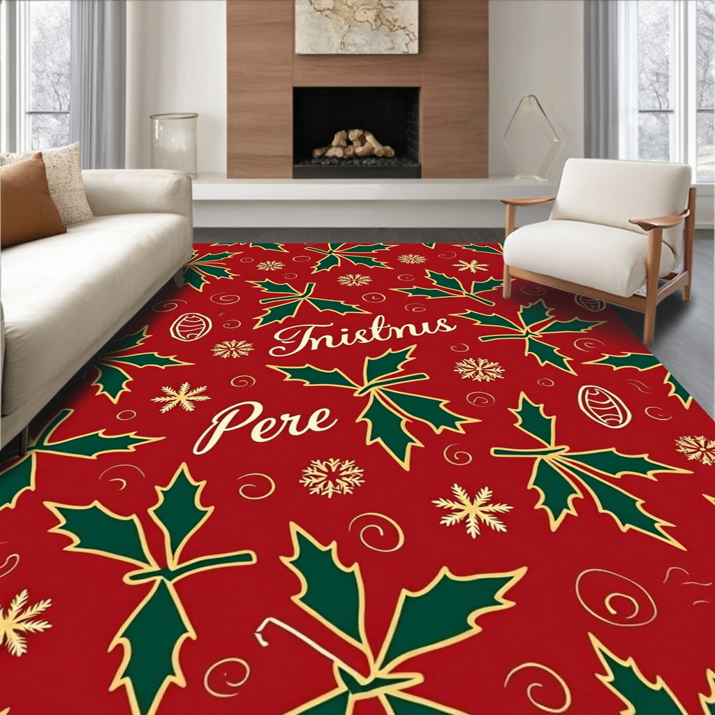 Christmas Holly Snowflake Scroll Red Rug