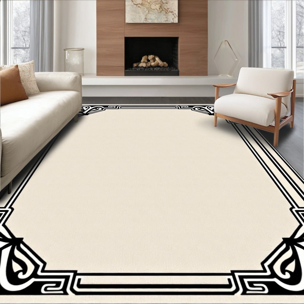 Ivory Black Ornamental Scroll Border Rug