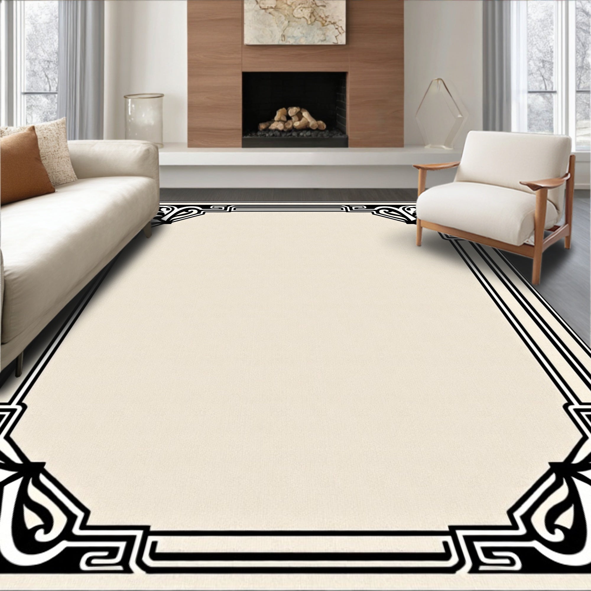 Ivory Black Ornamental Scroll Border Rug