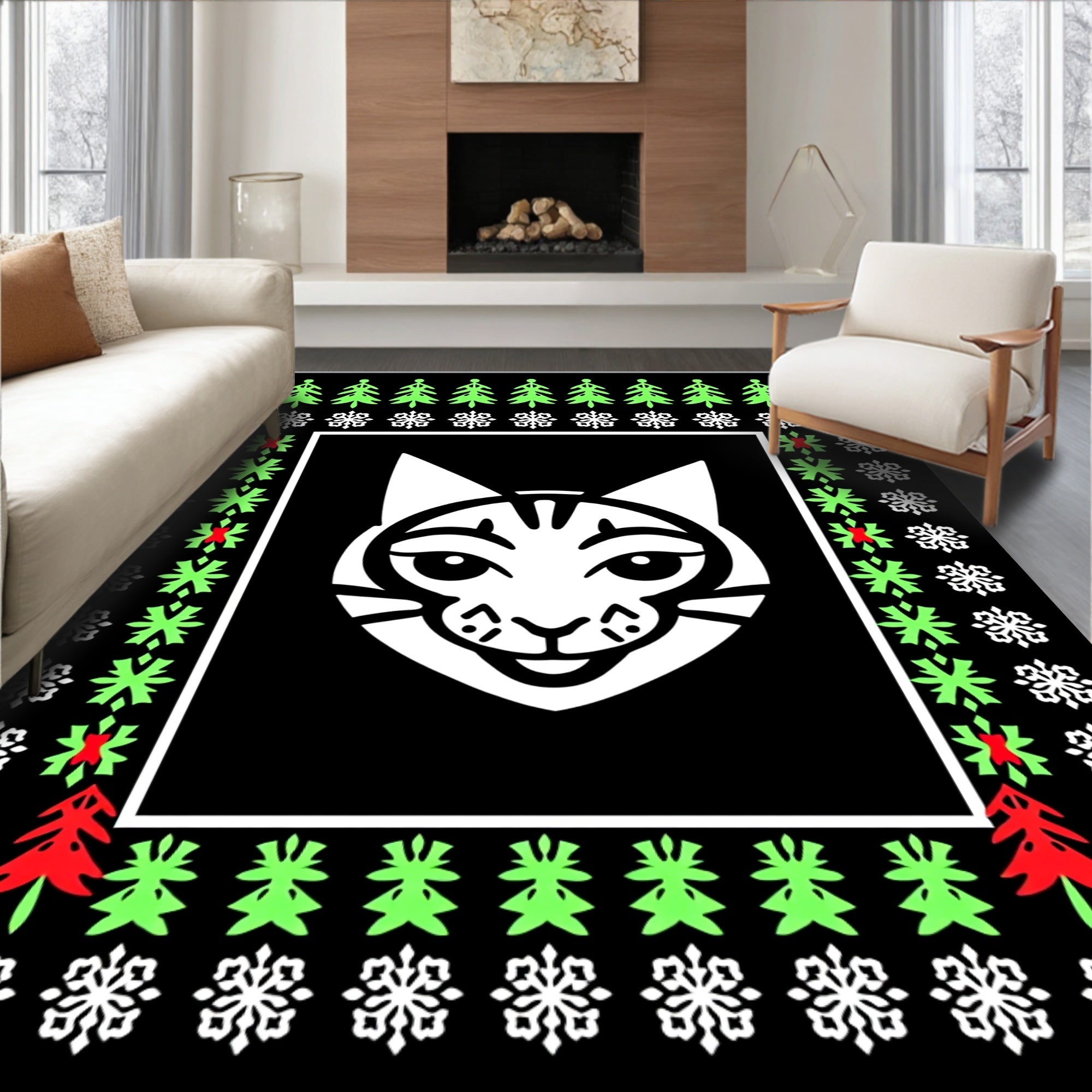 Festive White Cat Christmas Border Rug