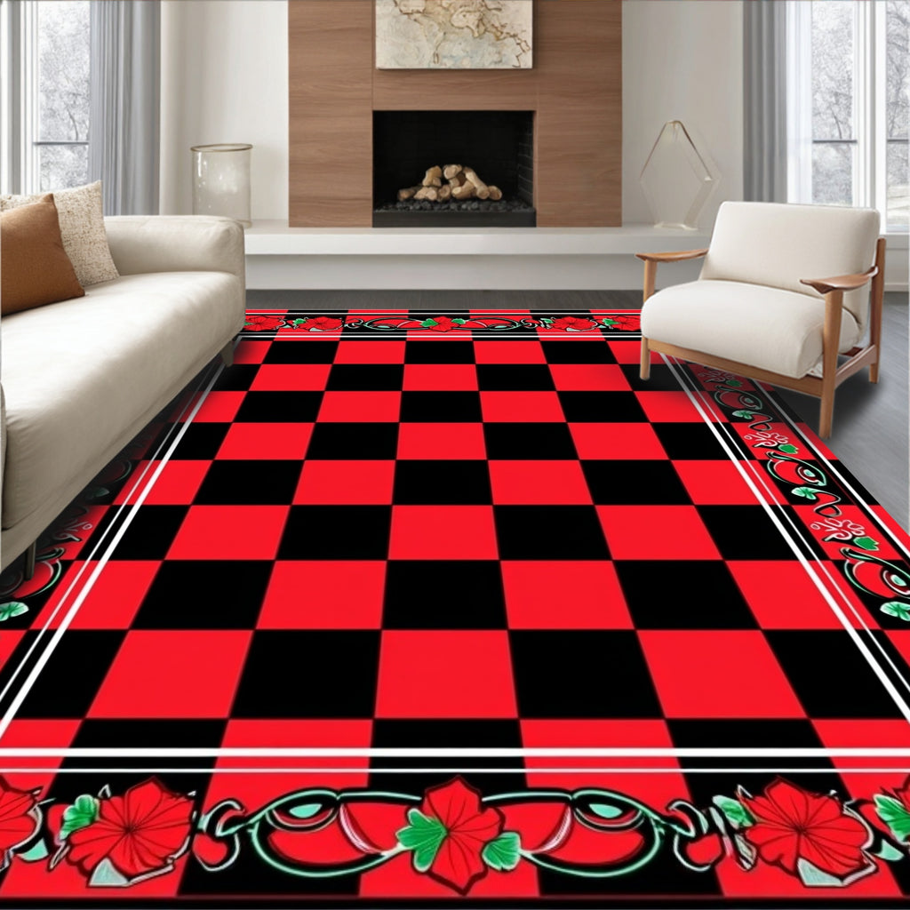 Bold Red Black Checkerboard Floral Border Rug