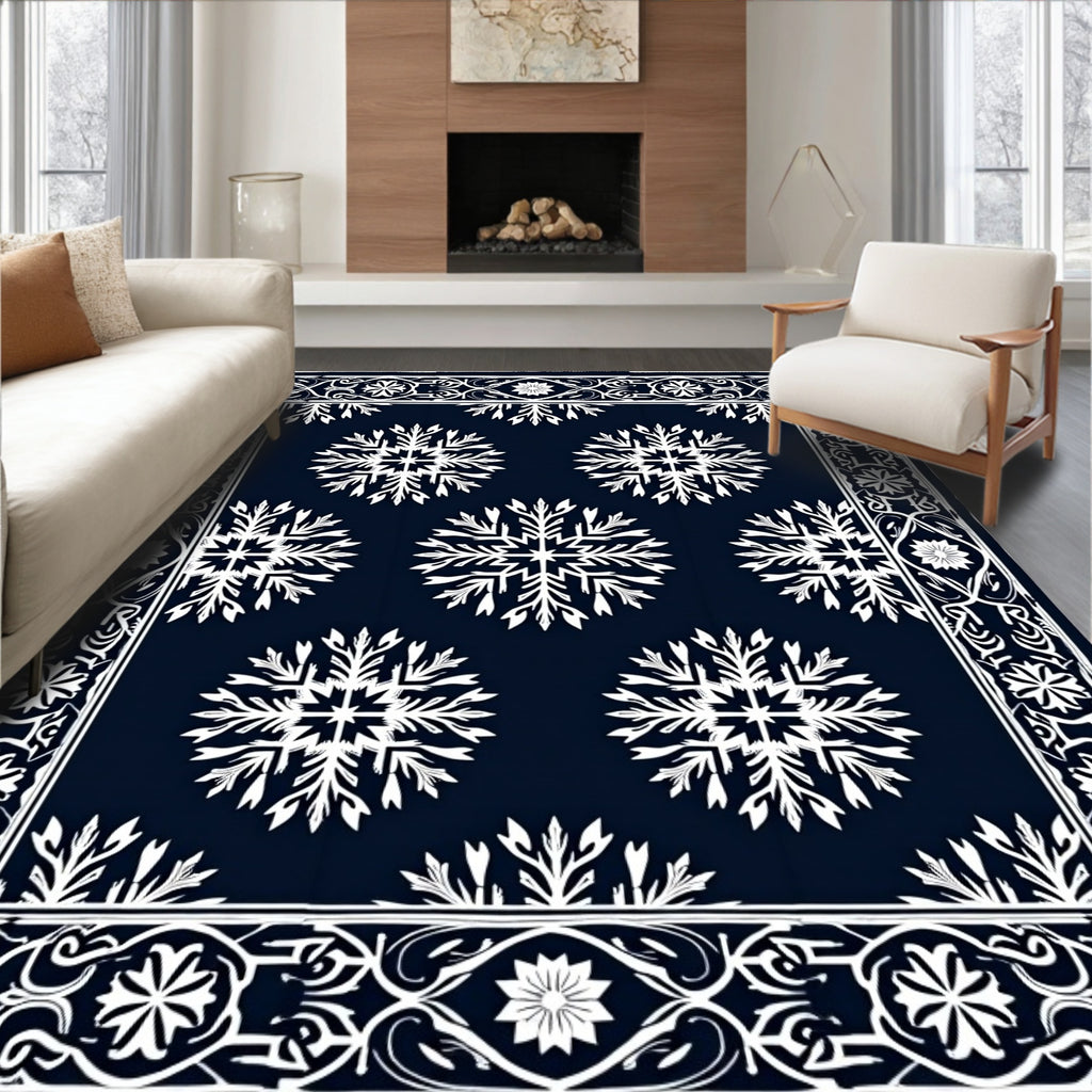 Navy White Starburst Mandala Border Rug