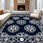 Navy White Starburst Mandala Border Rug