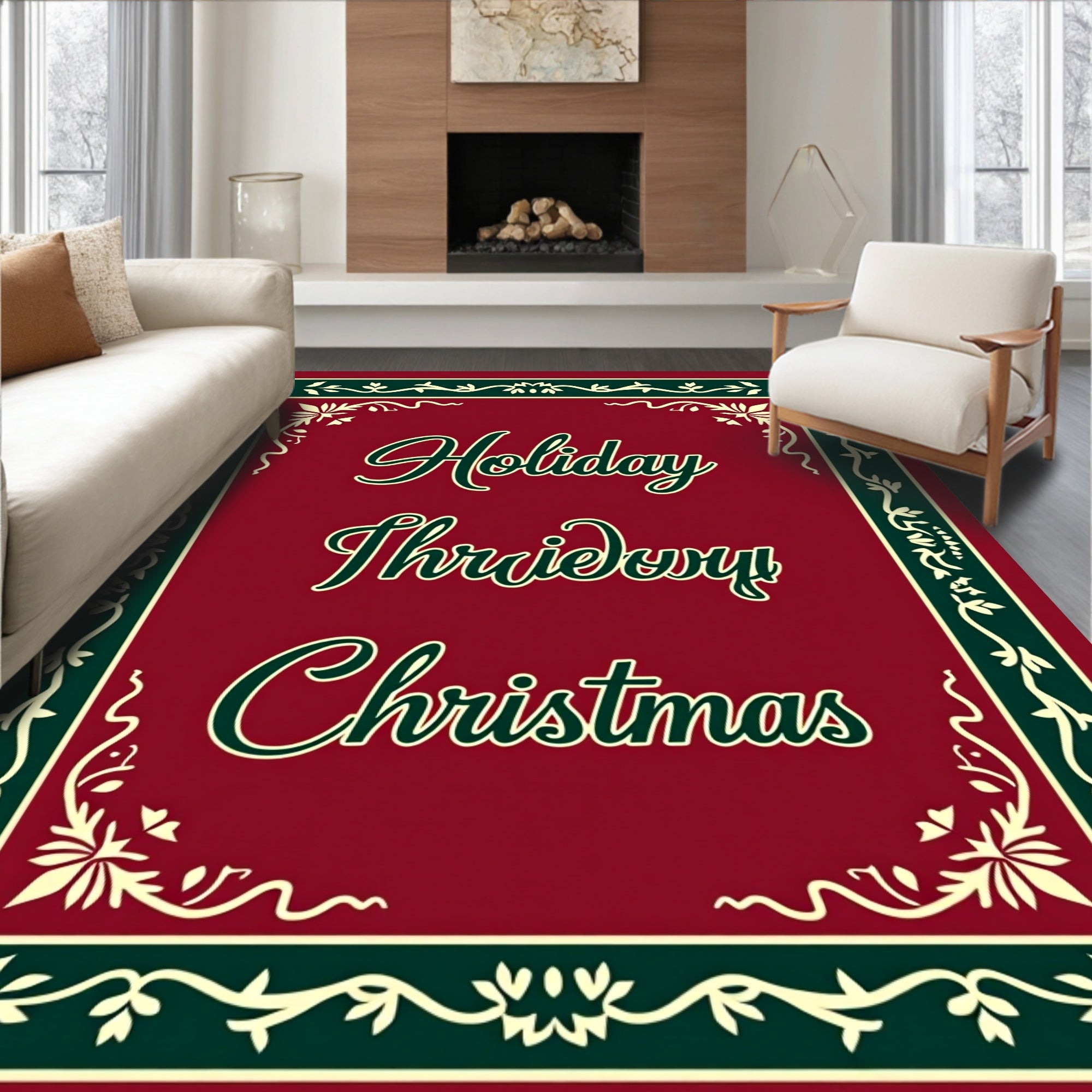 Deep Red Bordered Festive Floral Christmas Rug