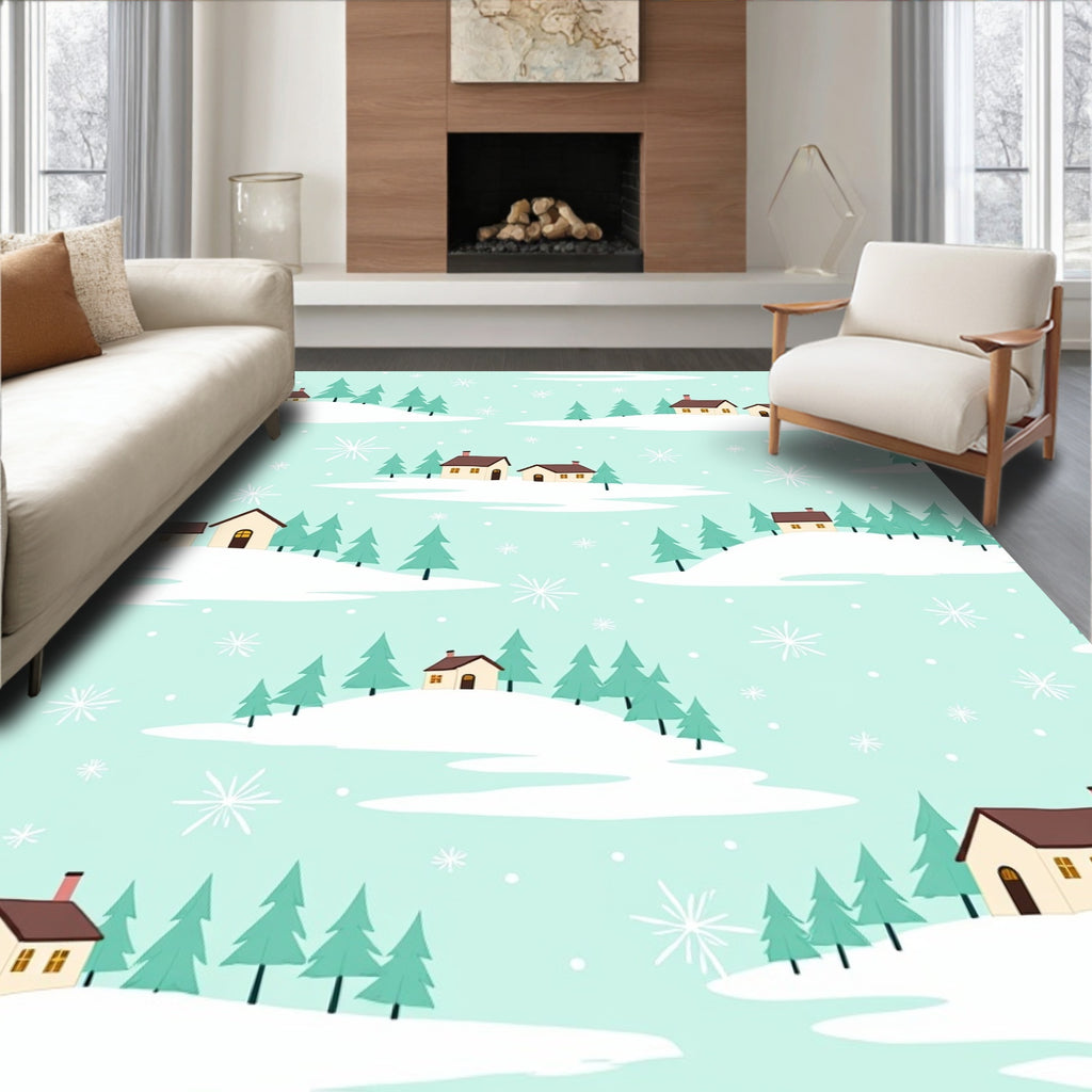 Winter Snow Village Houses Trees Rug