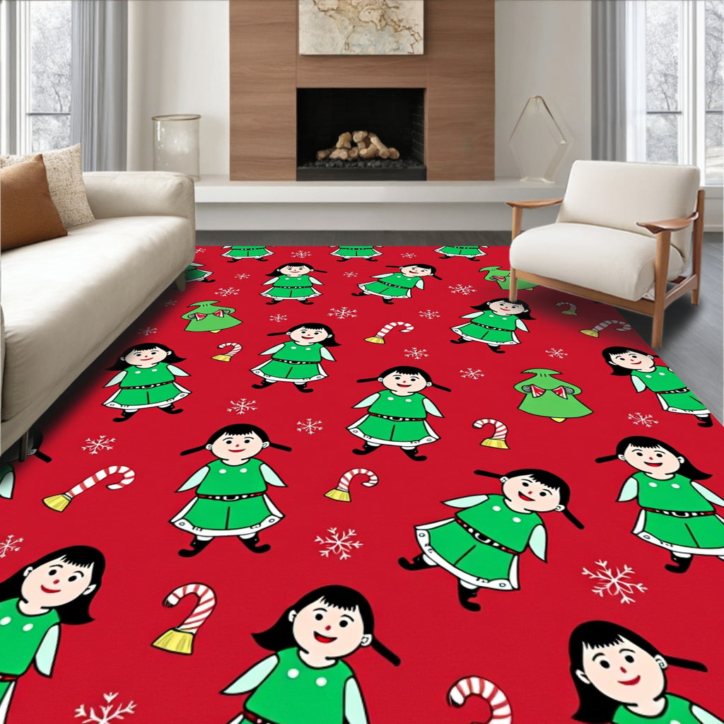 Christmas Elves Candy Cane Snowflakes Red Background Rug
