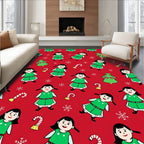 Christmas Elves Candy Cane Snowflakes Red Background Rug