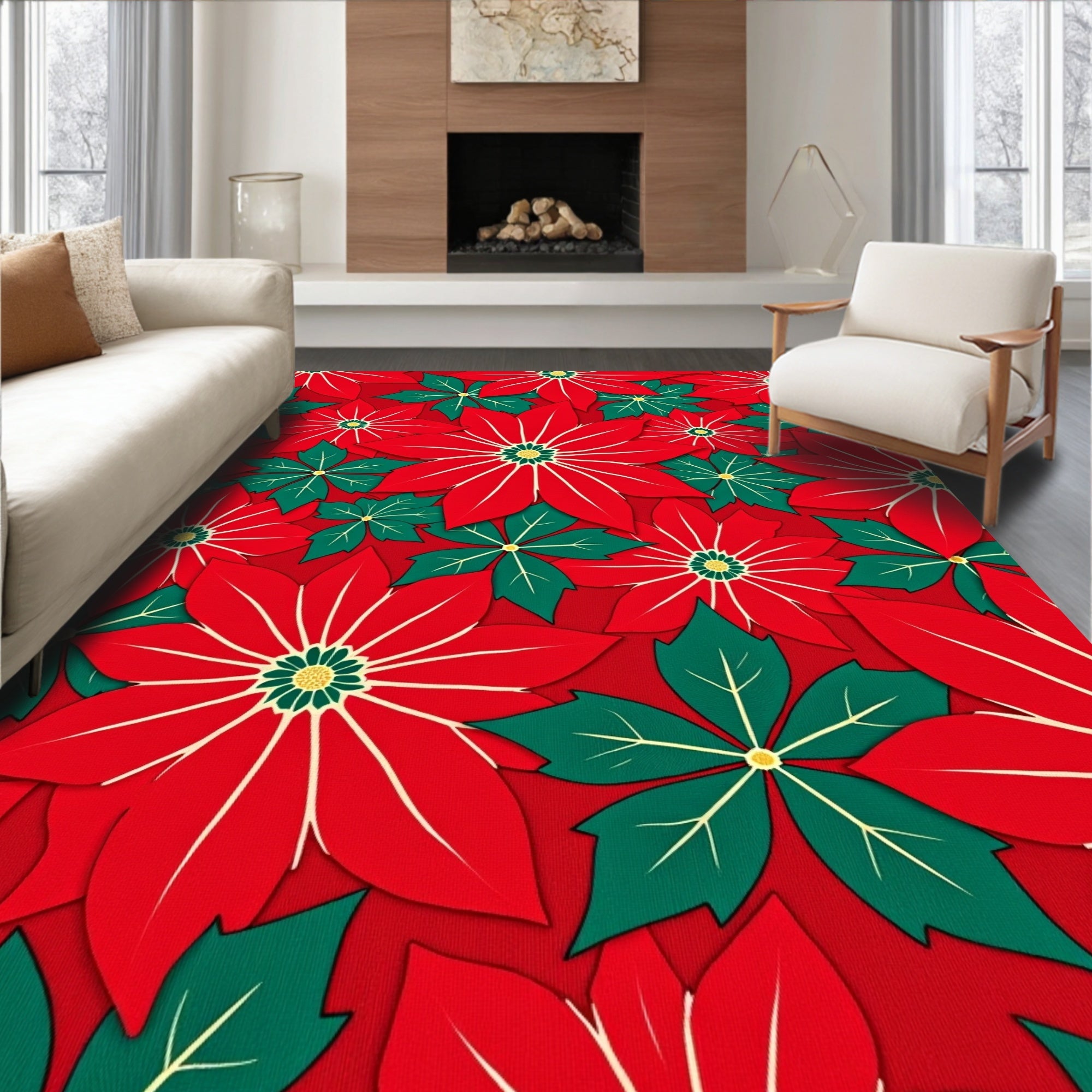 Vibrant Red Poinsettia Floral Rug