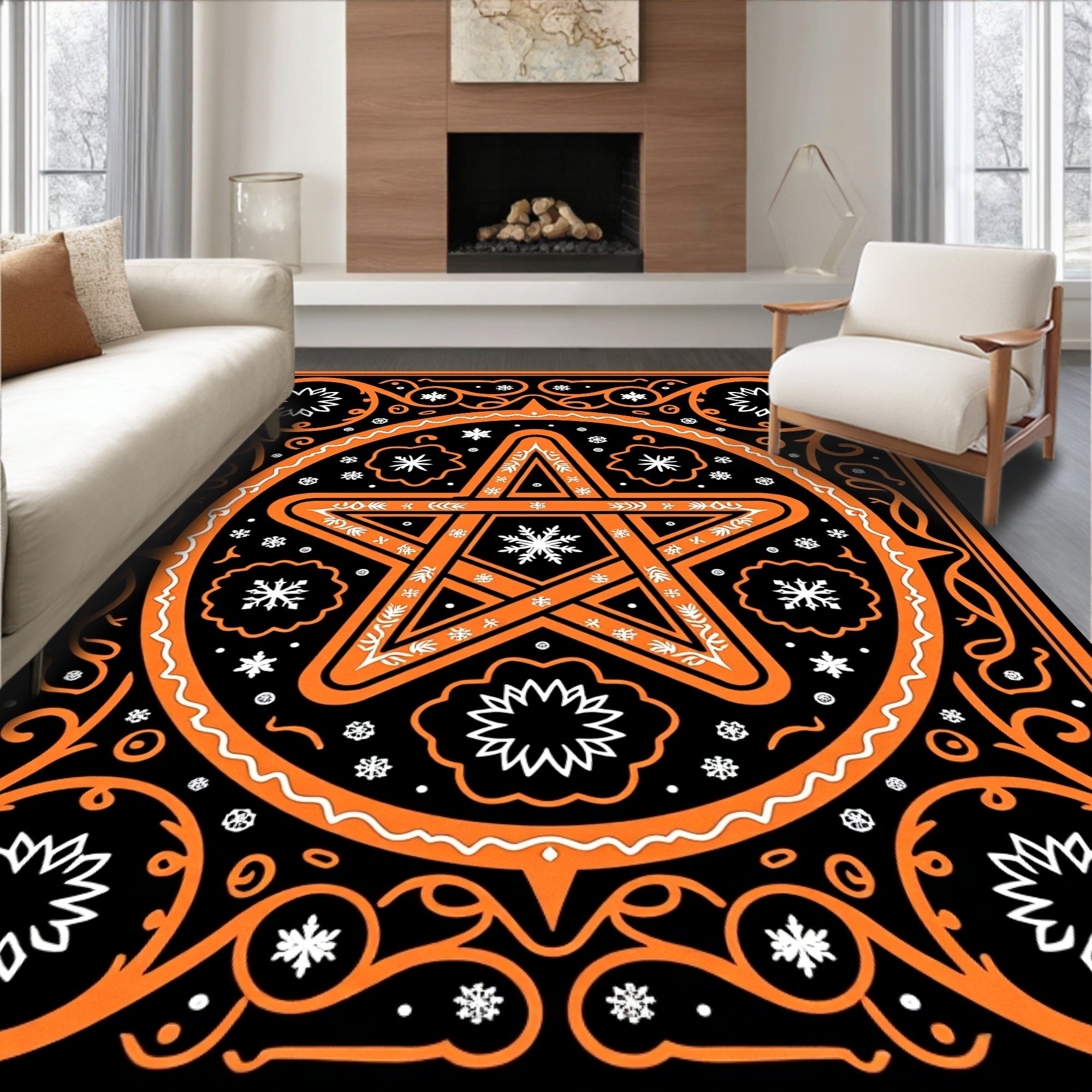 Orange Black Star Snowflake Floral Rug