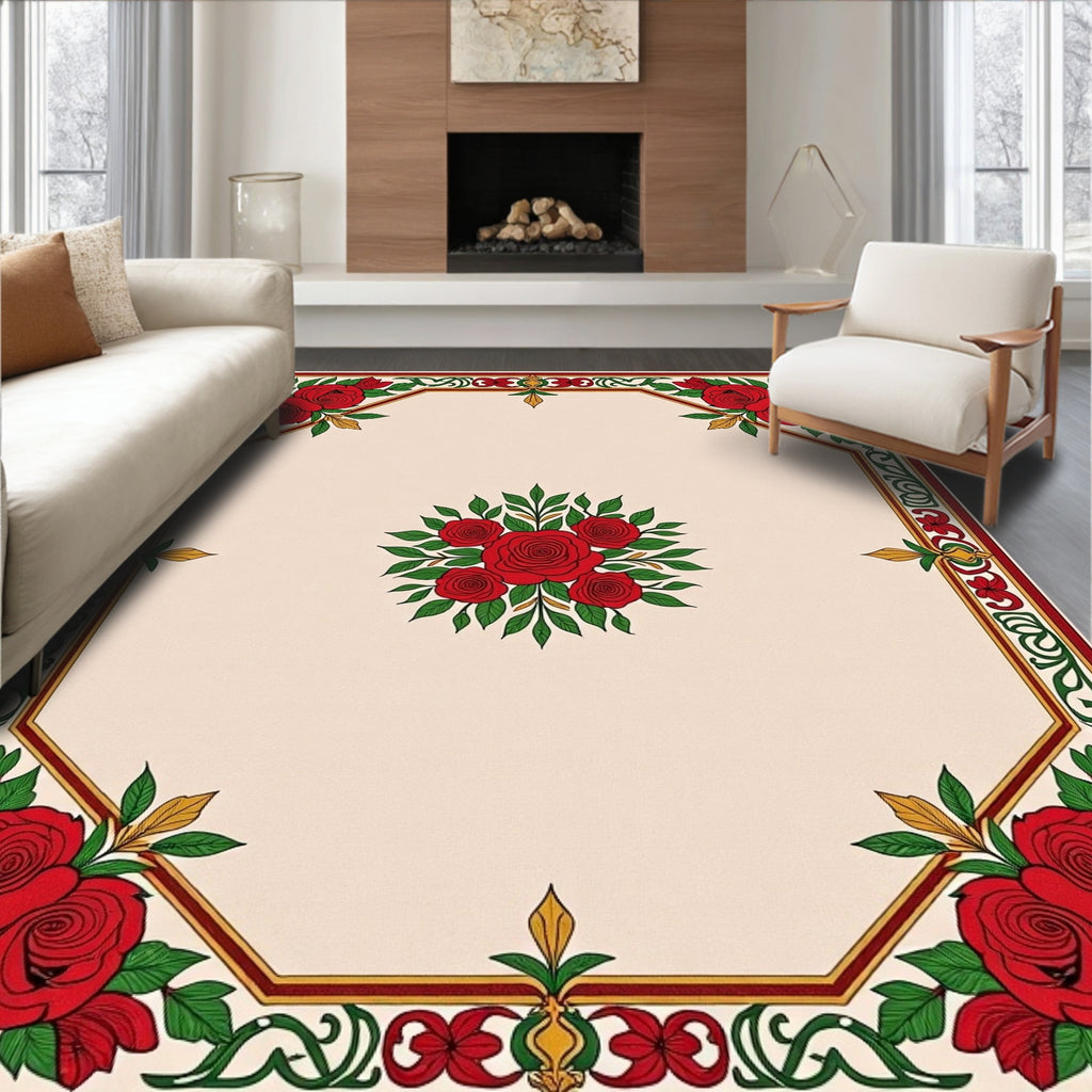 Crimson Rose Floral Octagon Border Rug