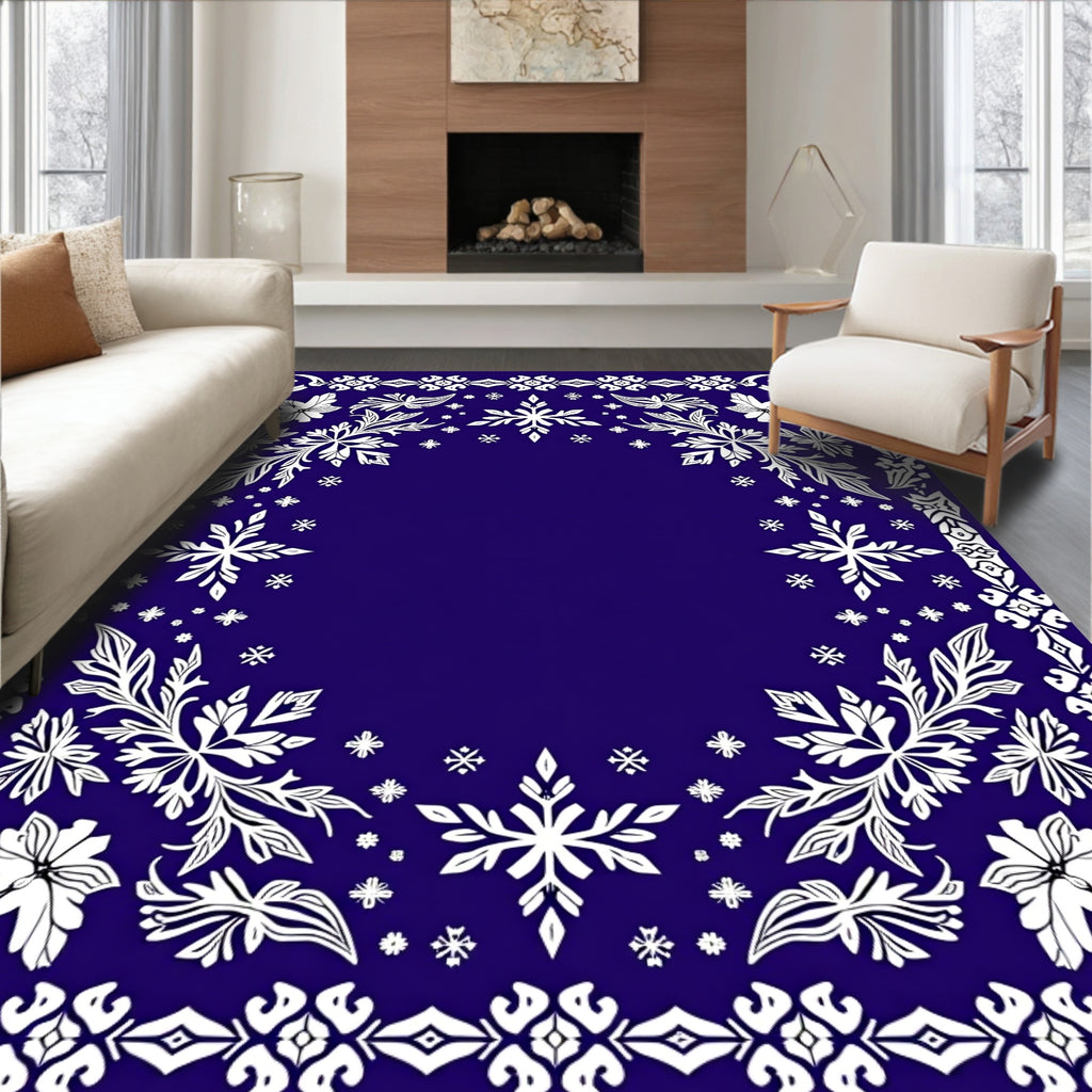 Deep Blue Floral Snowflake Frame Rug