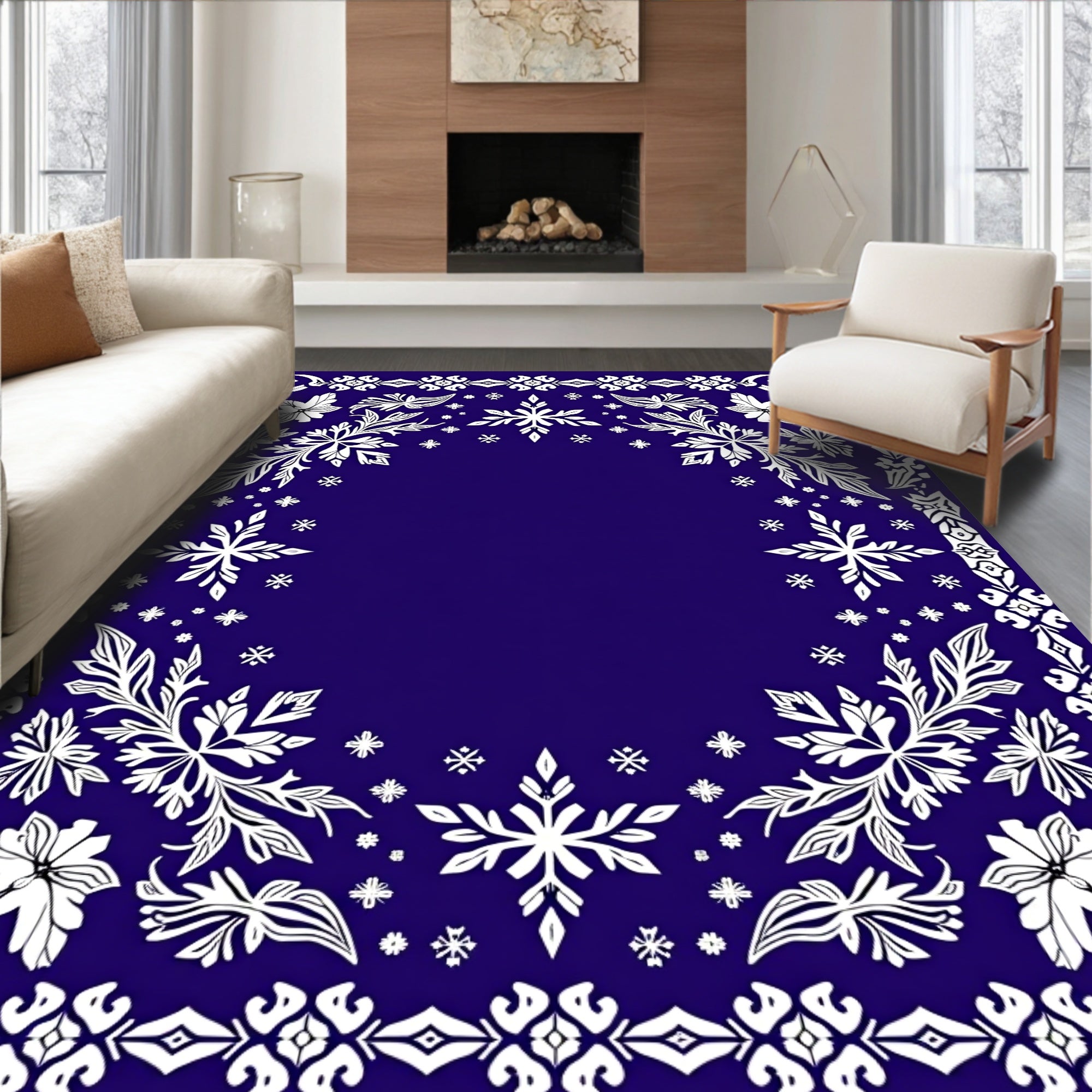 Deep Blue Floral Snowflake Frame Rug