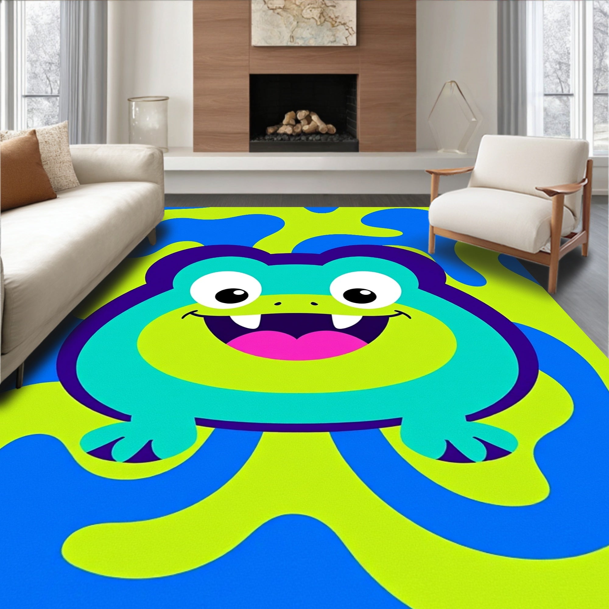 Bright Blue Green Blob Frog Rug