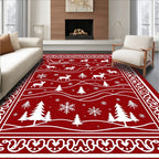 Crimson Sleigh Deer Forest Snowflakes Rug