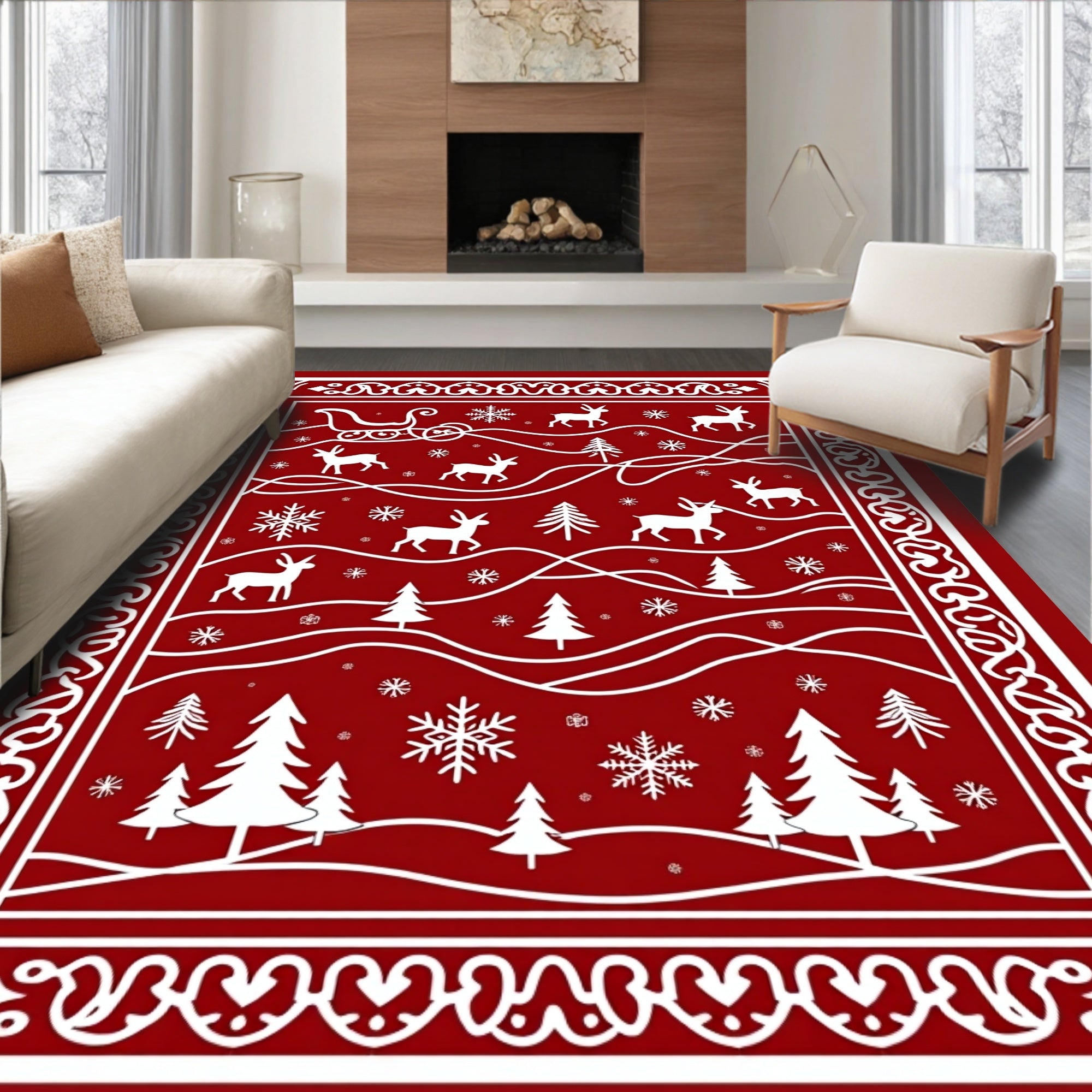 Crimson Sleigh Deer Forest Snowflakes Rug