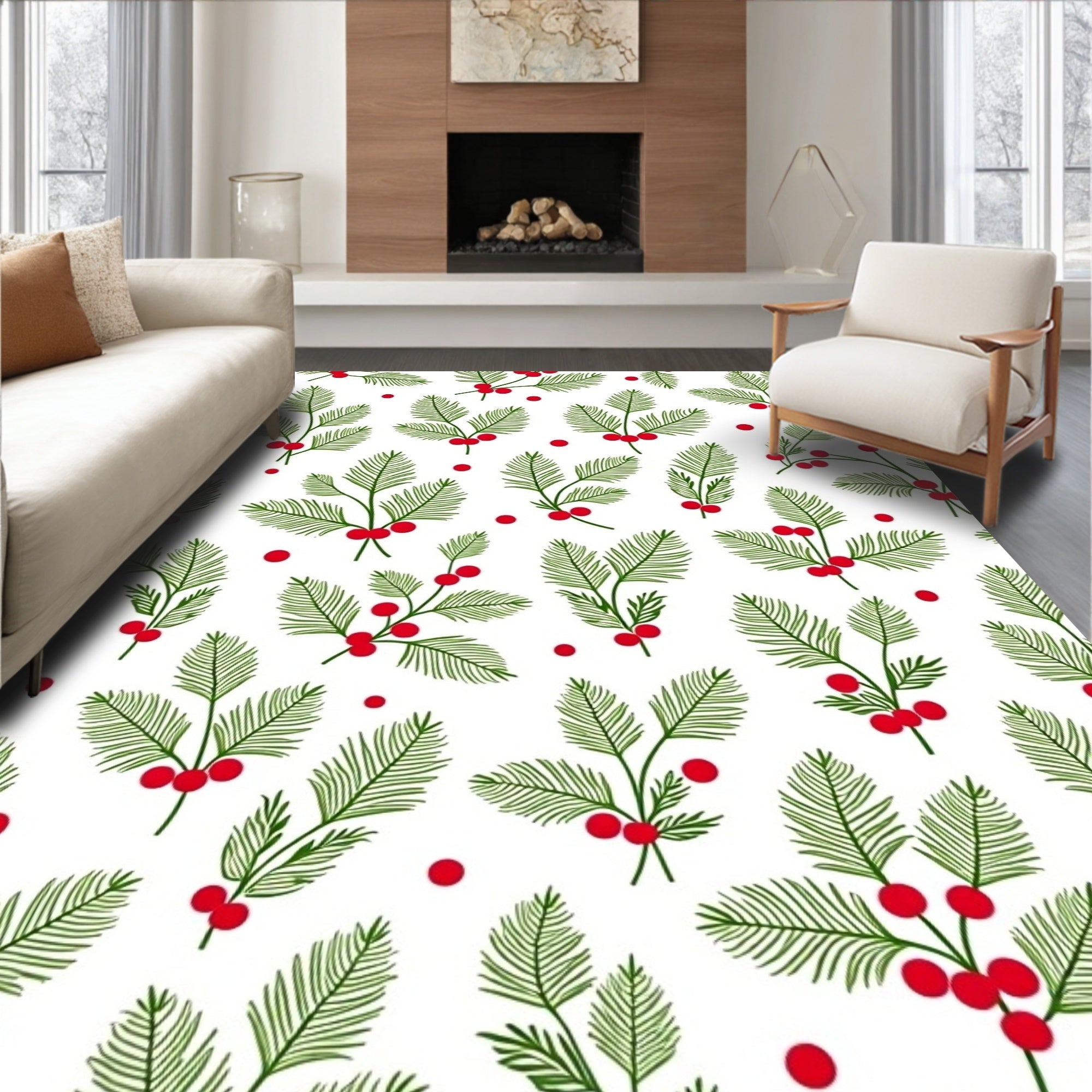 Festive Green Sprigs Red Berry Accents Rug