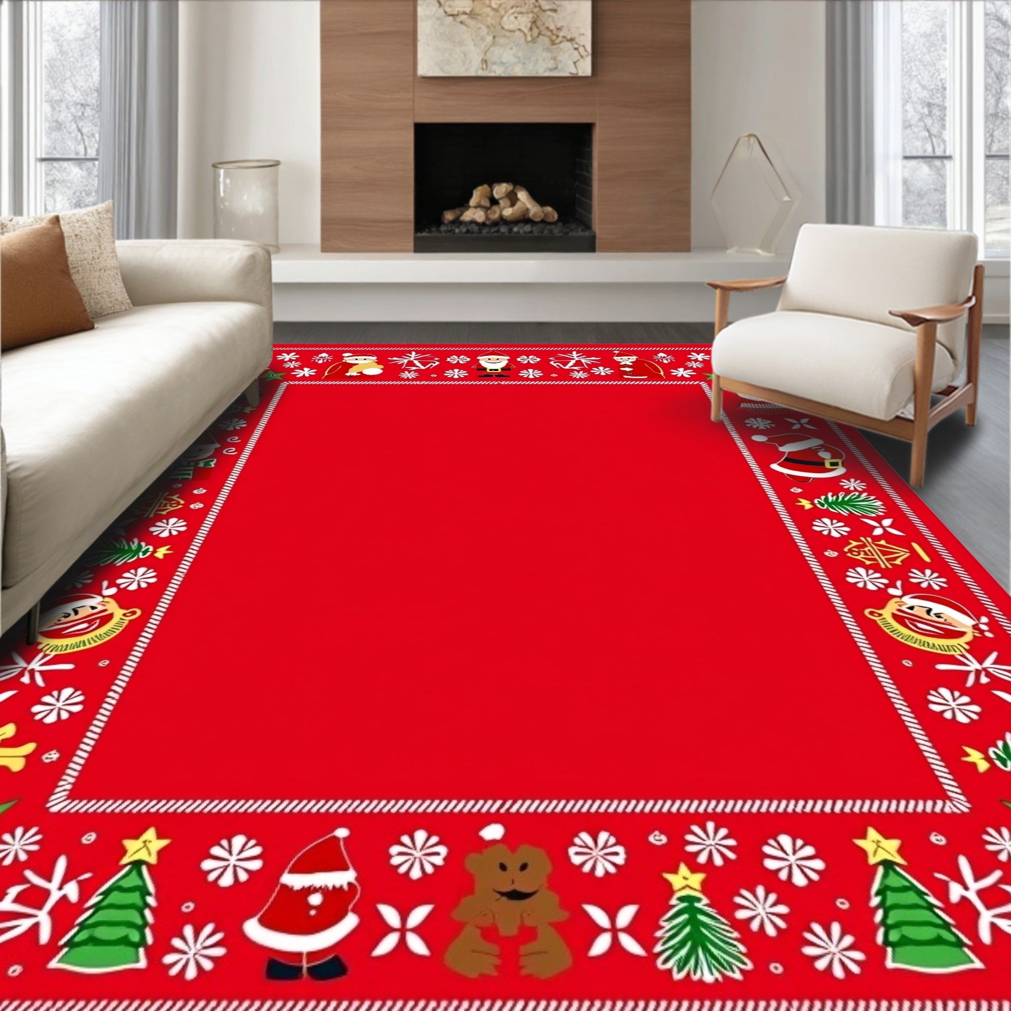 Festive Red Santa Snowflakes Christmas Border Rug