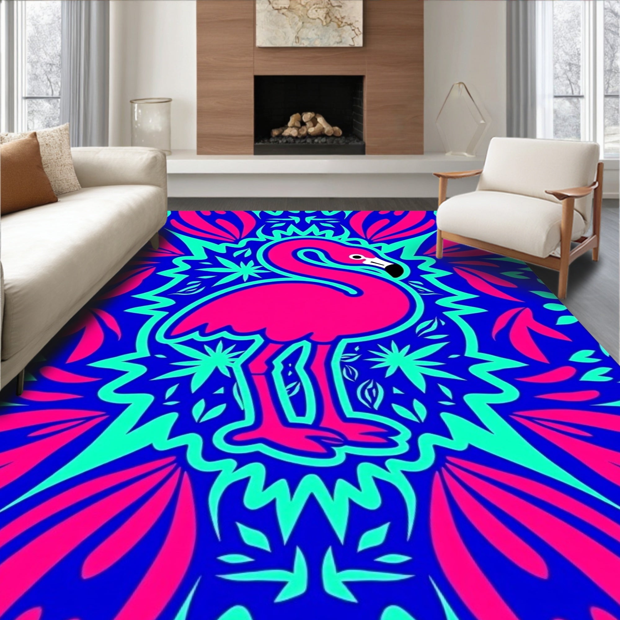 Vibrant Pink Flamingo Tropical Mandala Rug