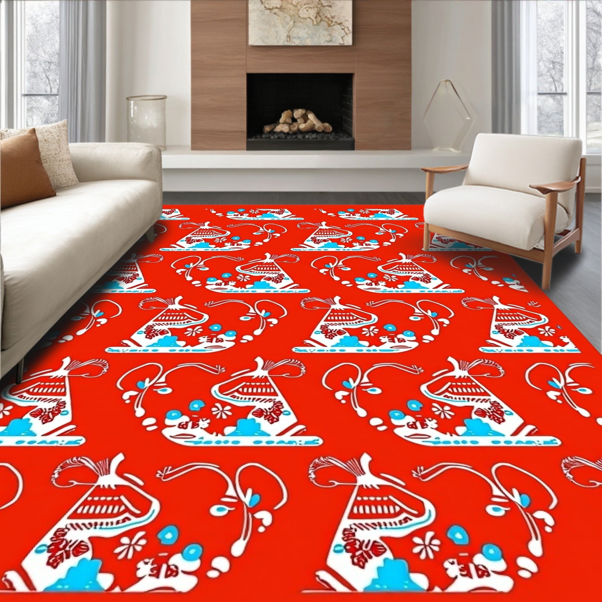 Vibrant Red White Blue Floral Teapot Rug