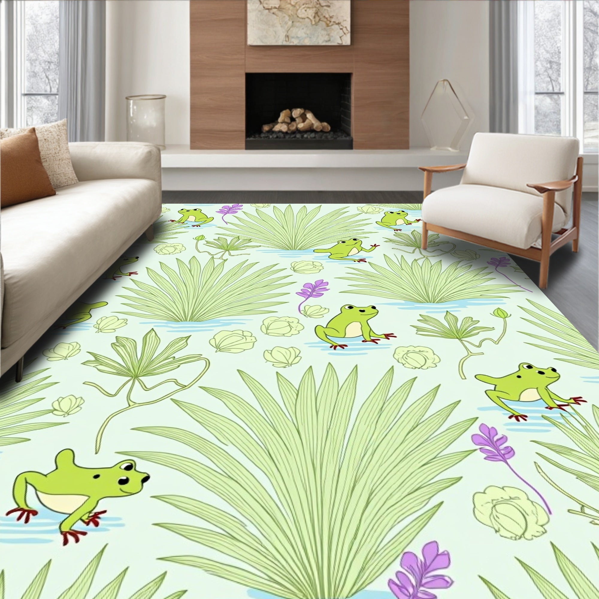 Whimsical Green Frogs Pond Companions Rug