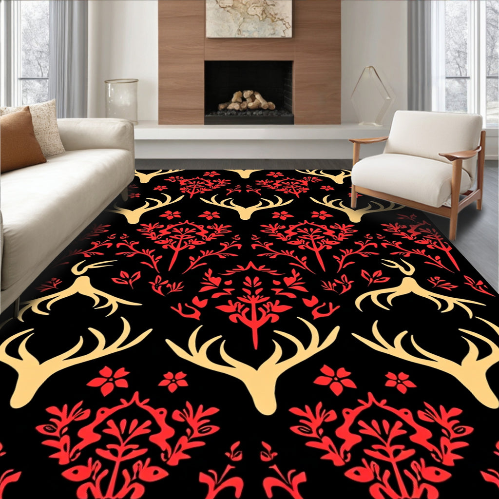 Golden Deer Antler Red Floral Harmony Rug