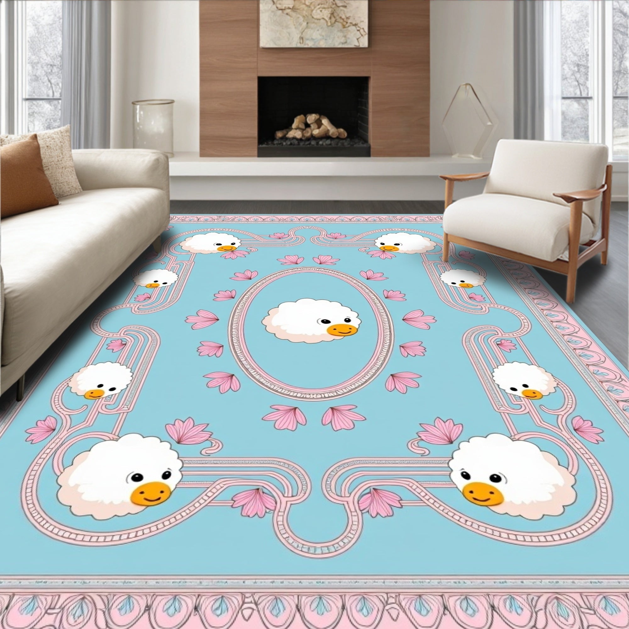 Whimsical Blue Sheep Floral Border Rug