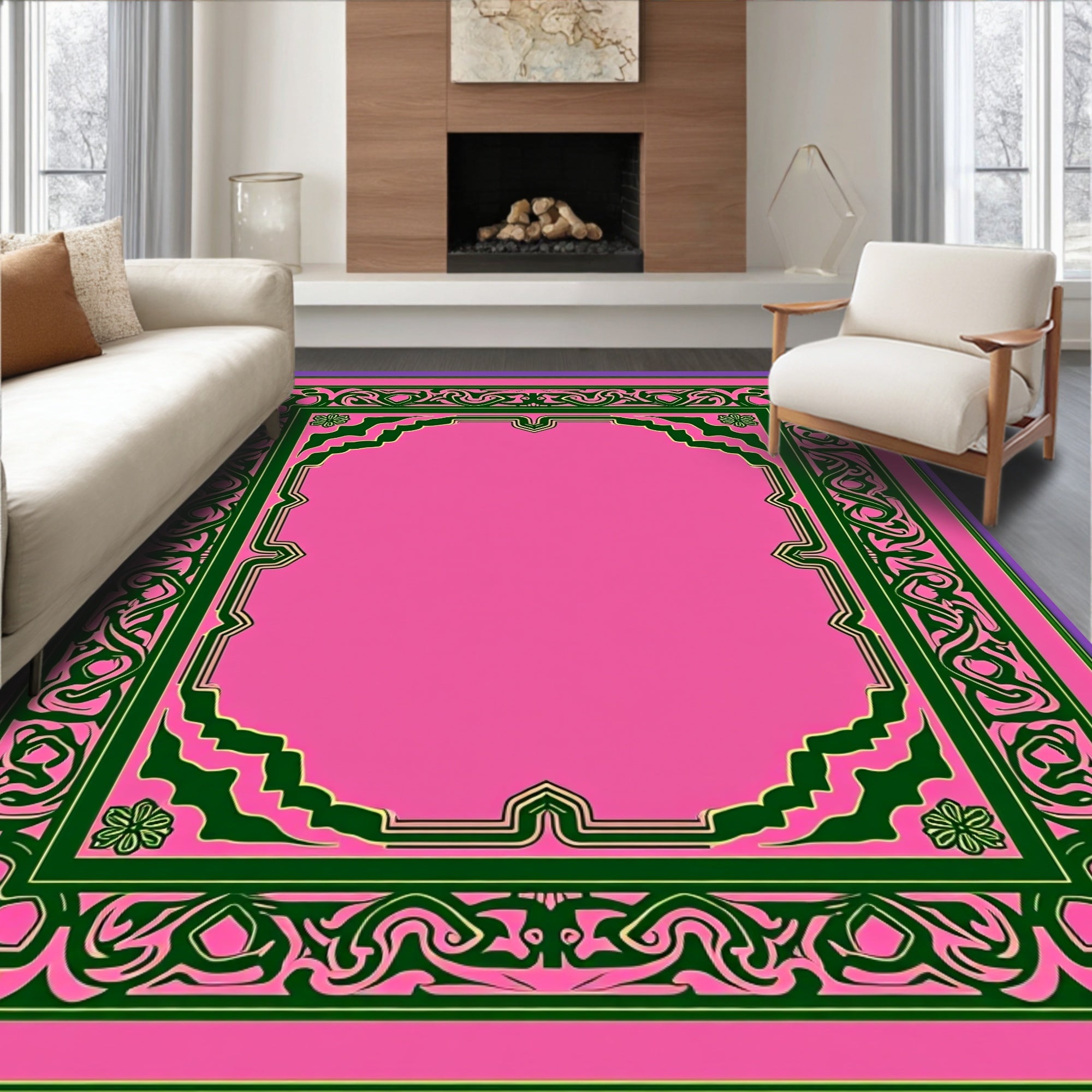 Pink Green Ornate Scroll Work Rug