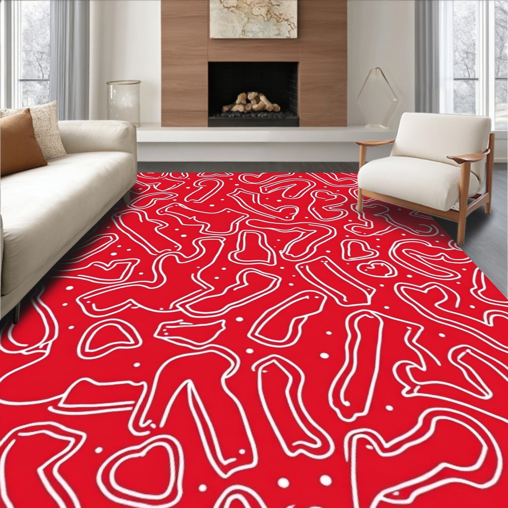 Red White Whimsical Heart Swirls Rug