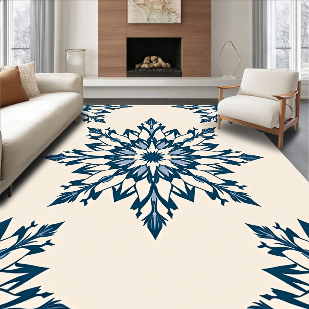 Deep Blue Floral Medallion Cream Rug