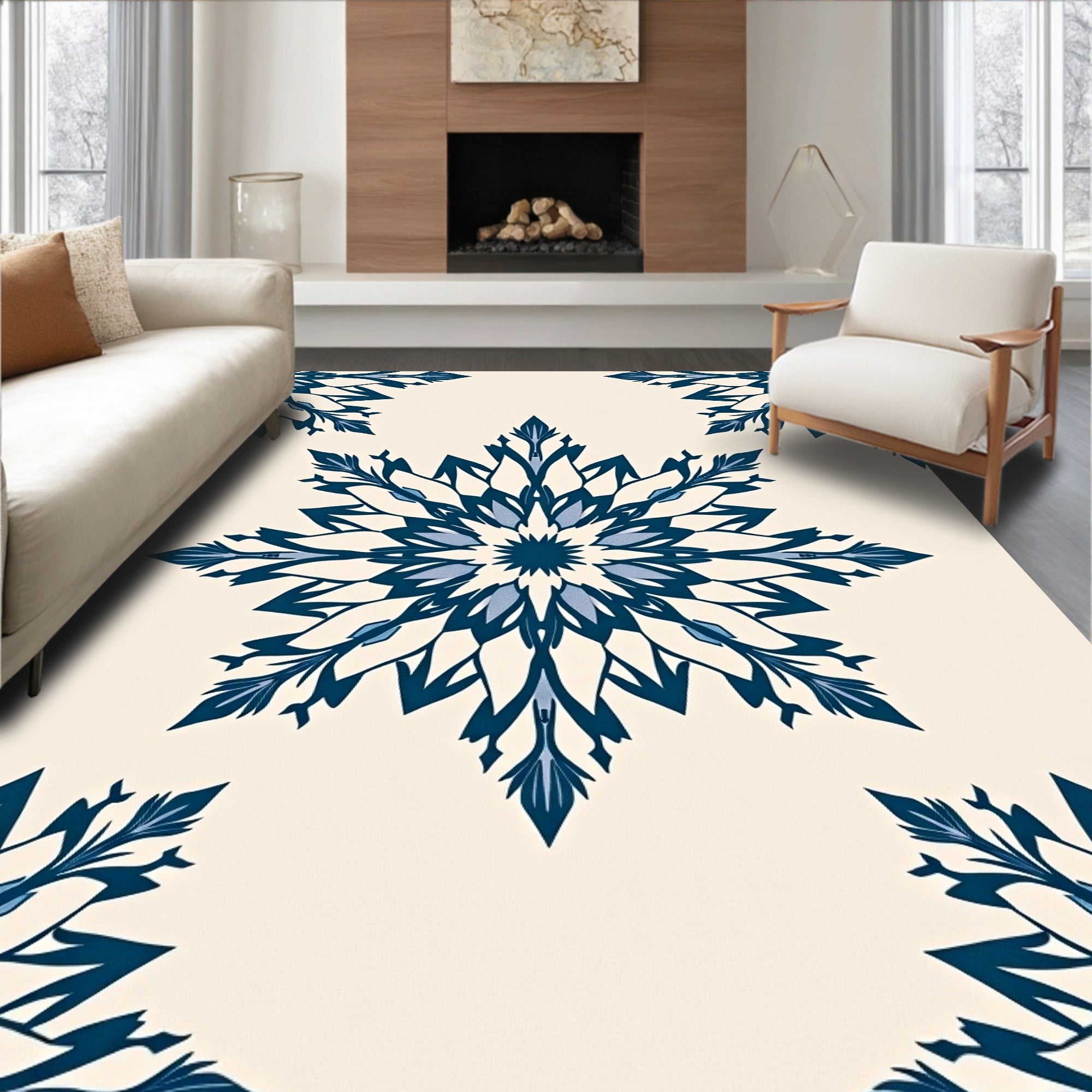 Deep Blue Floral Medallion Cream Rug