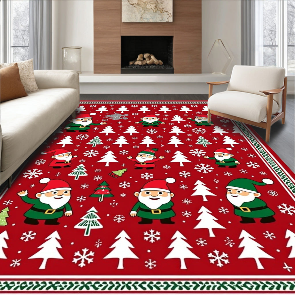 Red Christmas Gnomes Trees Snowflakes Border Rug