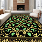 Golden Vine Leaf Black Floral Rug