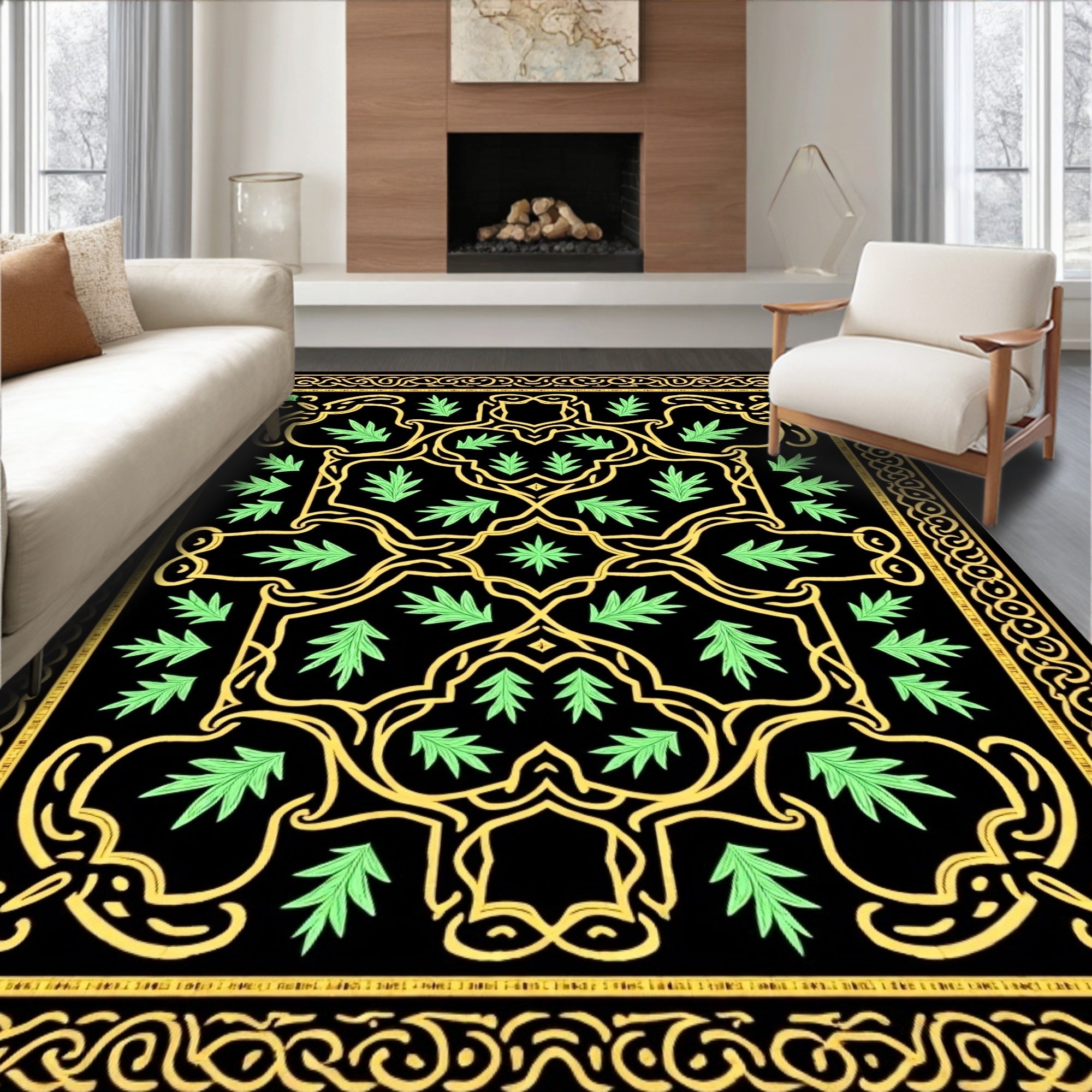 Golden Vine Leaf Black Floral Rug