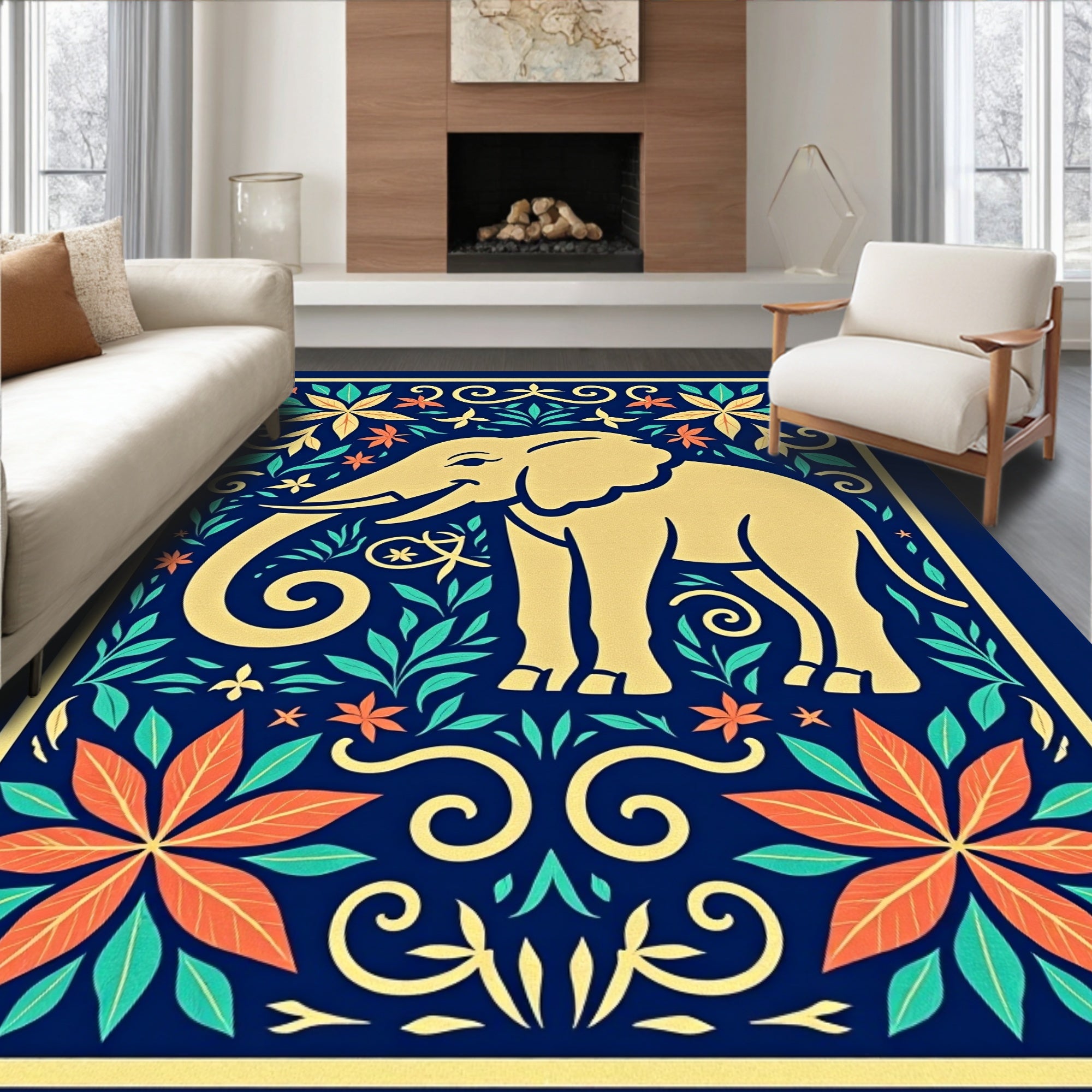 Golden Elephant with Floral Surroundings Rug