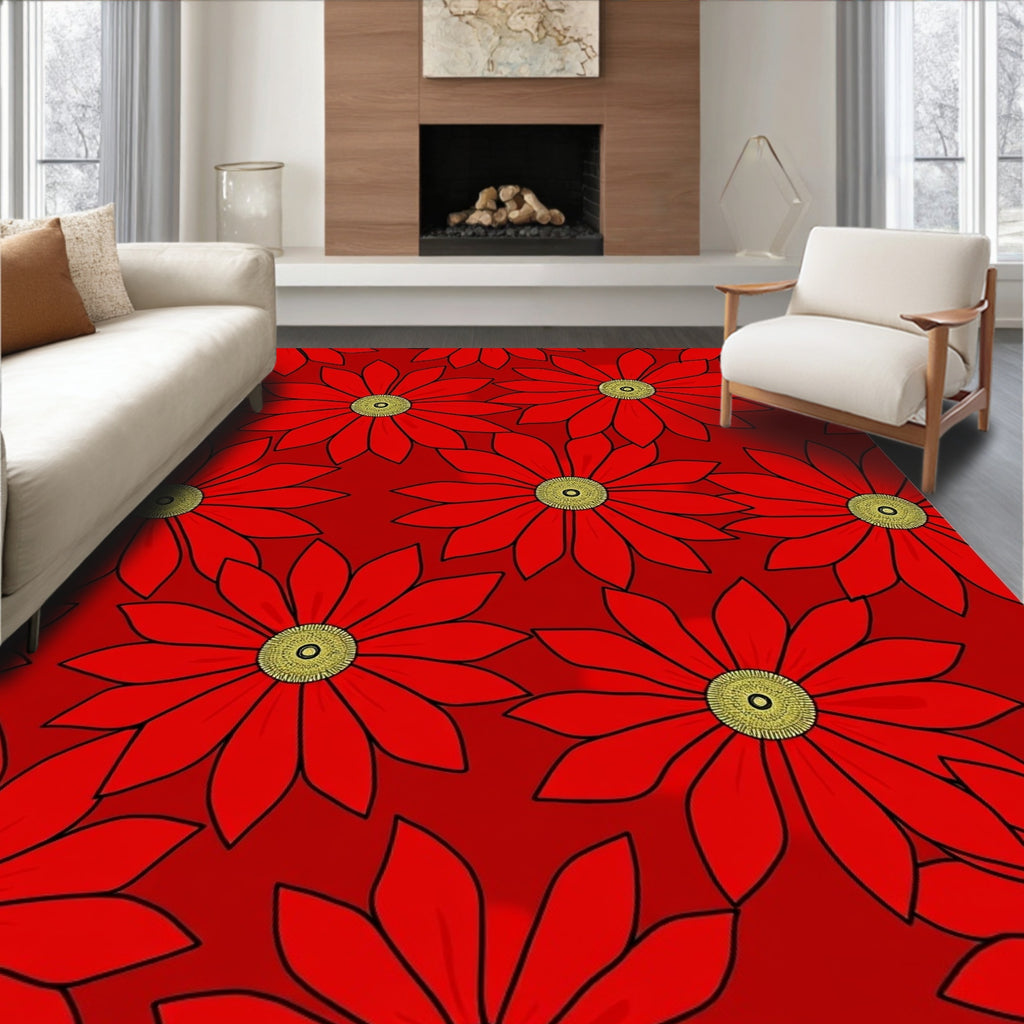 Bold Red Daisy Floral Arrangement Rug