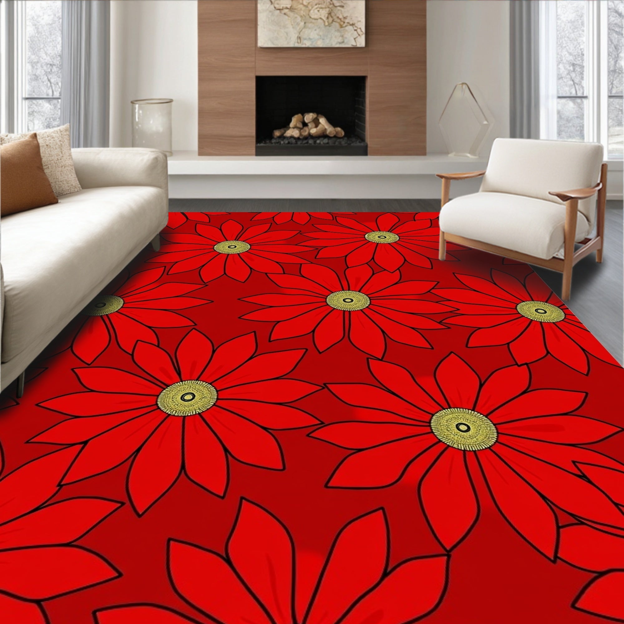 Bold Red Daisy Floral Arrangement Rug