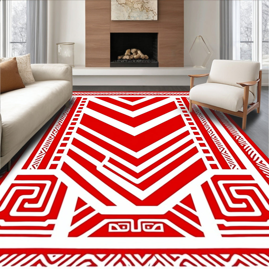 Bold Red Geometric Chevron Tribal Rug