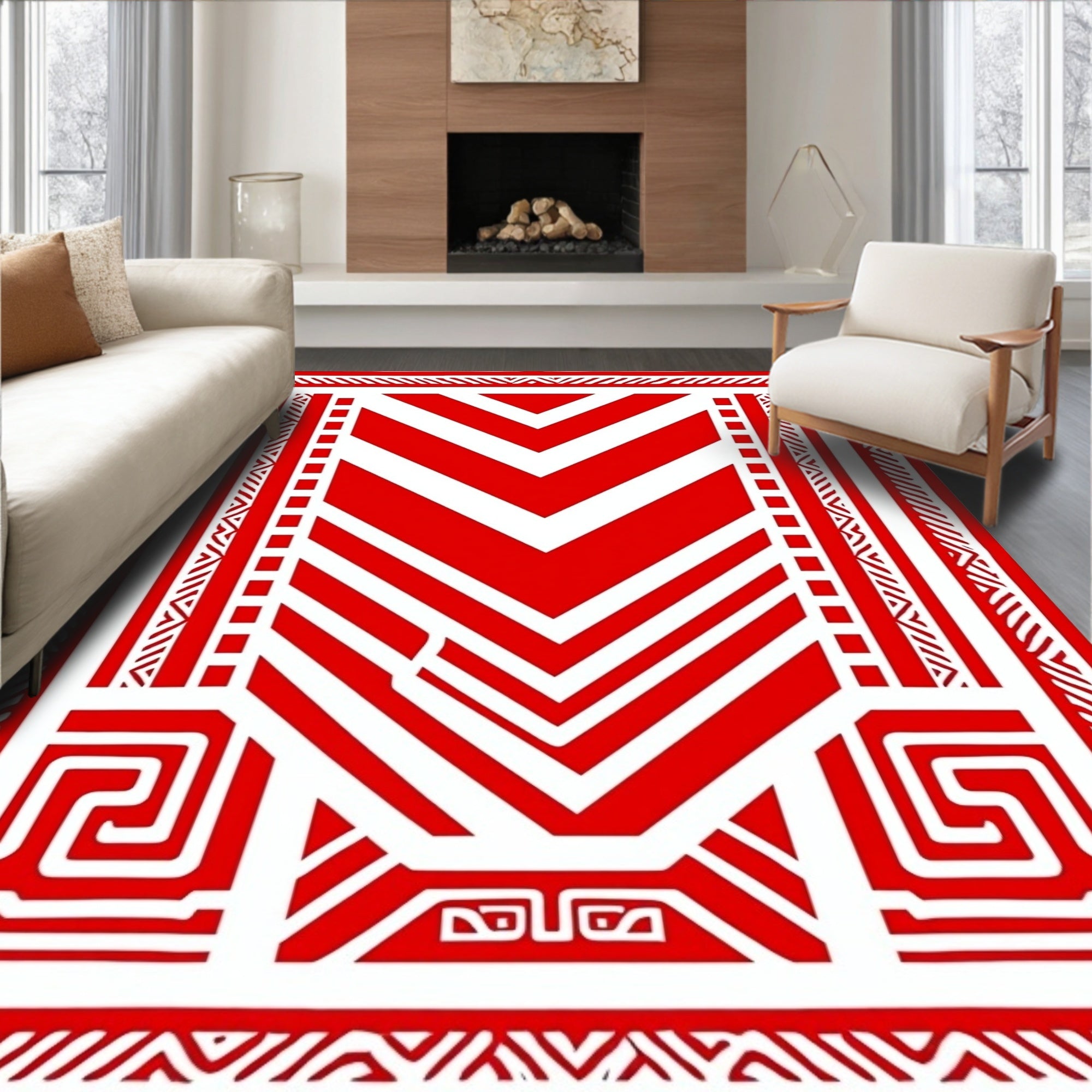 Bold Red Geometric Chevron Tribal Rug